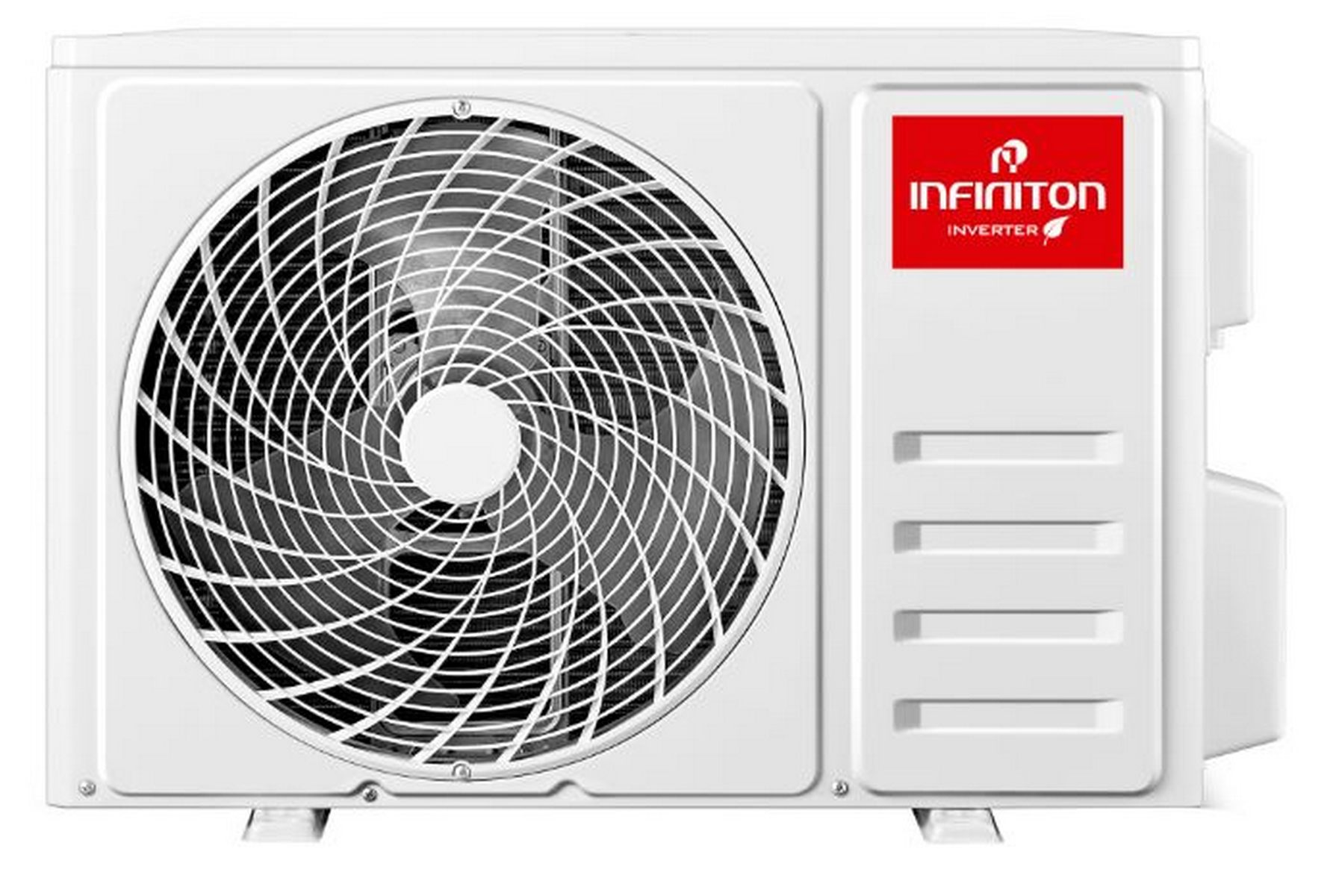 Unidad de aire acondicionado blanca. Ventilador frontal. Logo Infinition rojo.