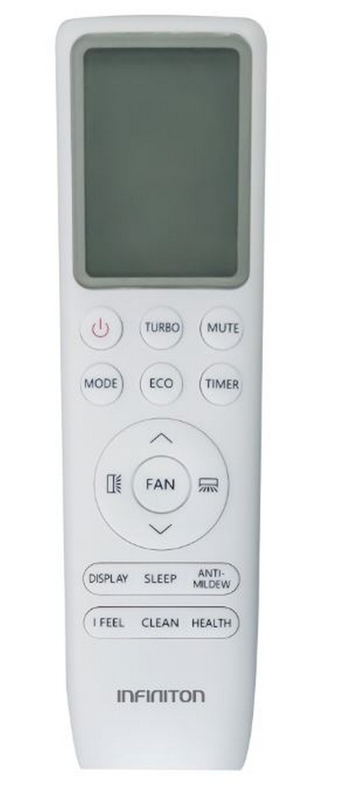 Mando a distancia blanco con botones para varias funciones, incluyendo encendido y modo.