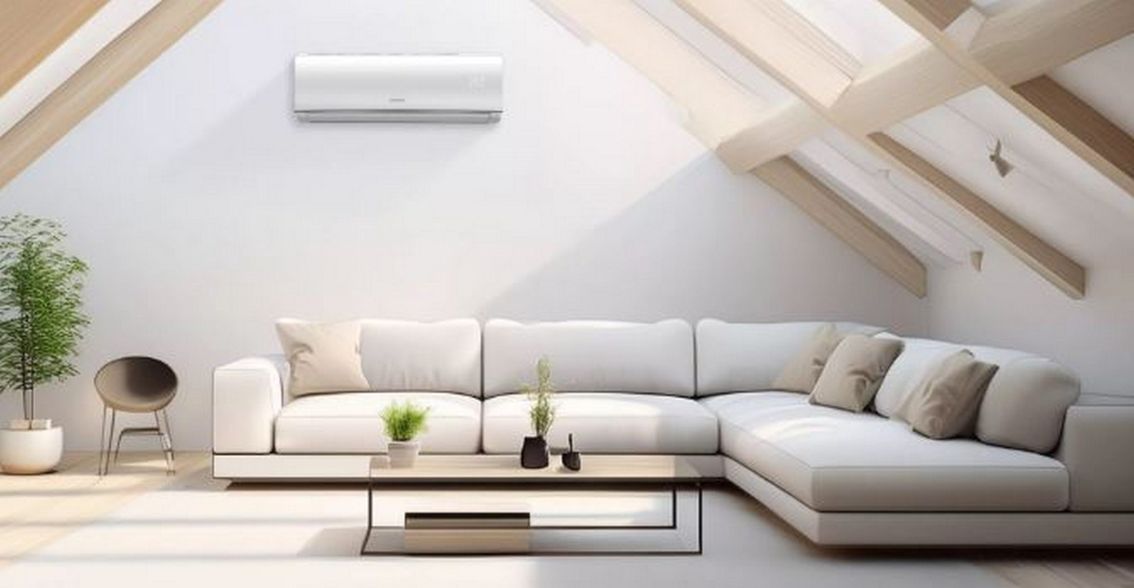 Sala de estar con sofá blanco, plantas y aire acondicionado en la pared. Vigas de madera en el techo.
