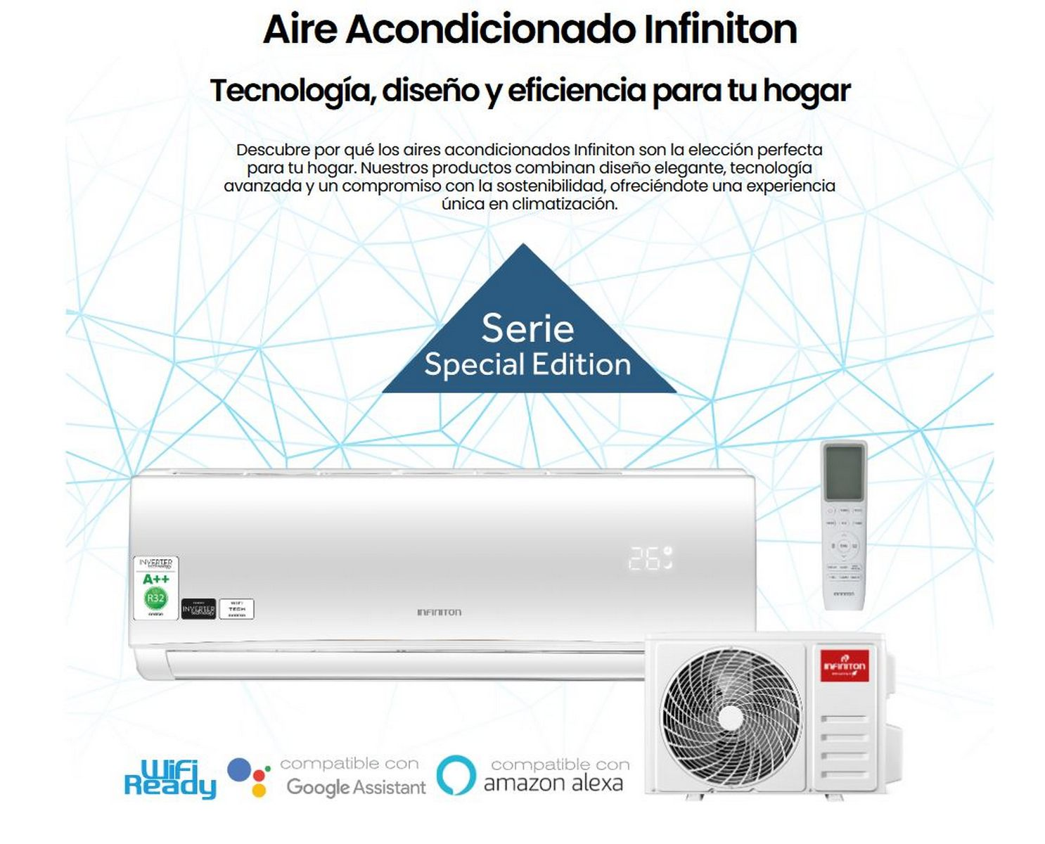 Aire acondicionado. Unidad blanca con mando a distancia. Texto en español.