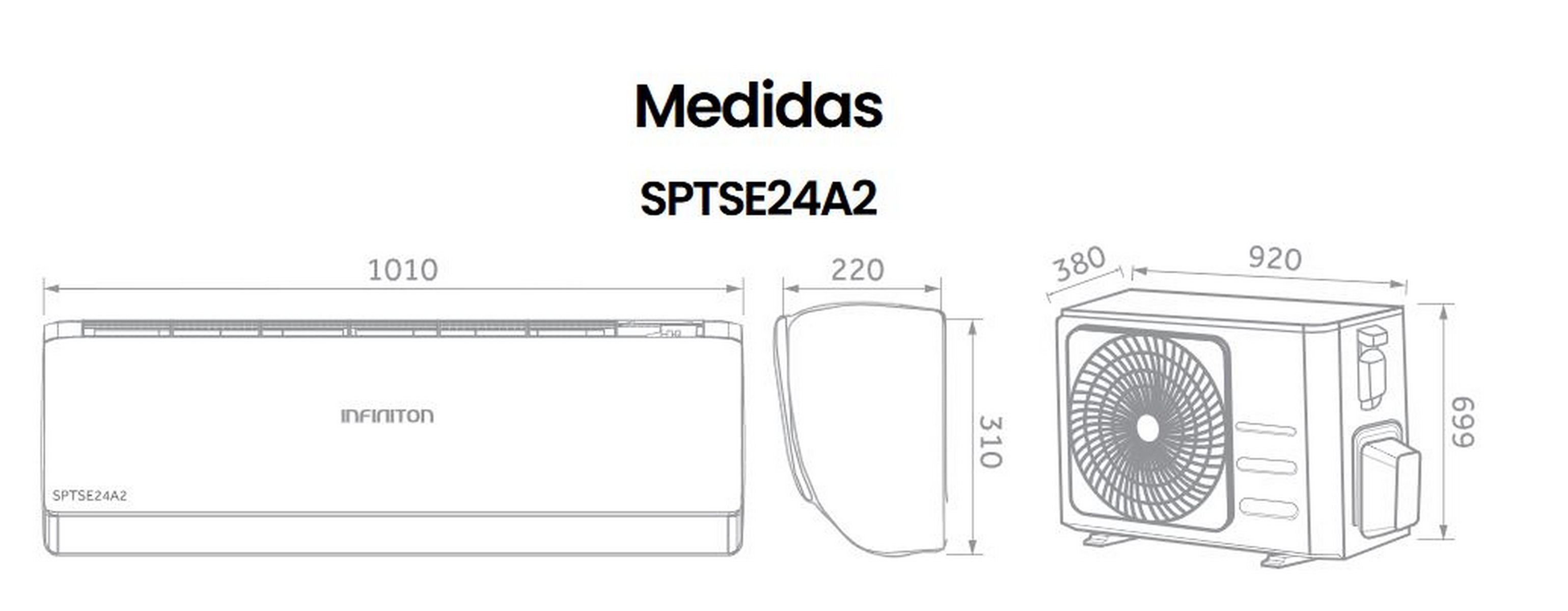Diagrama de un aire acondicionado con dimensiones, incluyendo vistas frontal y lateral.