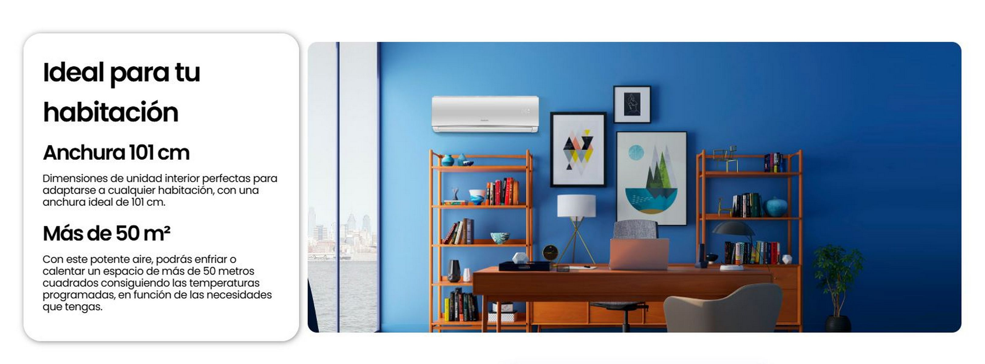 Una habitación con paredes azules, un escritorio, estanterías y una ventana con vista a la ciudad.