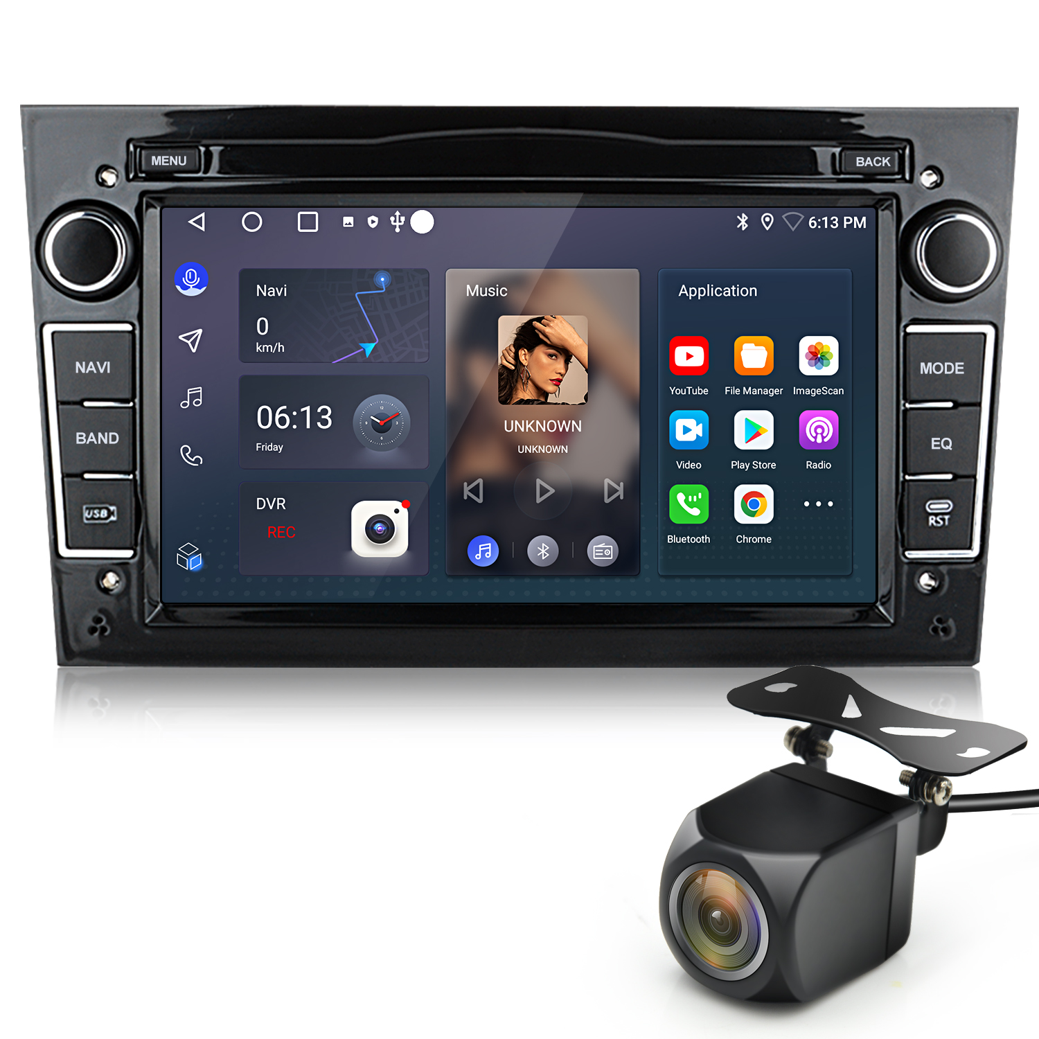 Ein Autoradio mit Bildschirm, zeigt Navigation, Musik und App-Optionen.