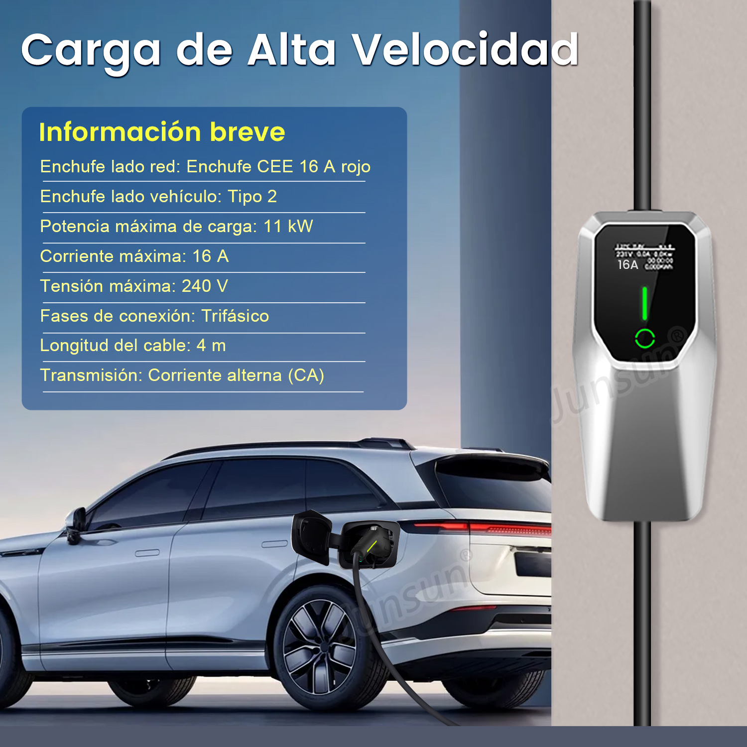 Estación de carga para coche eléctrico, con detalles de velocidades y tipos.