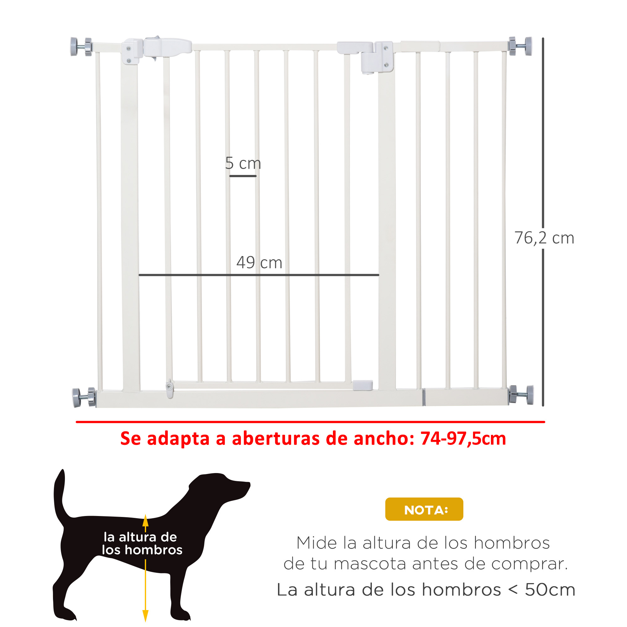 Puerta para mascotas blanca con dimensiones y silueta de perro, texto sobre la altura.