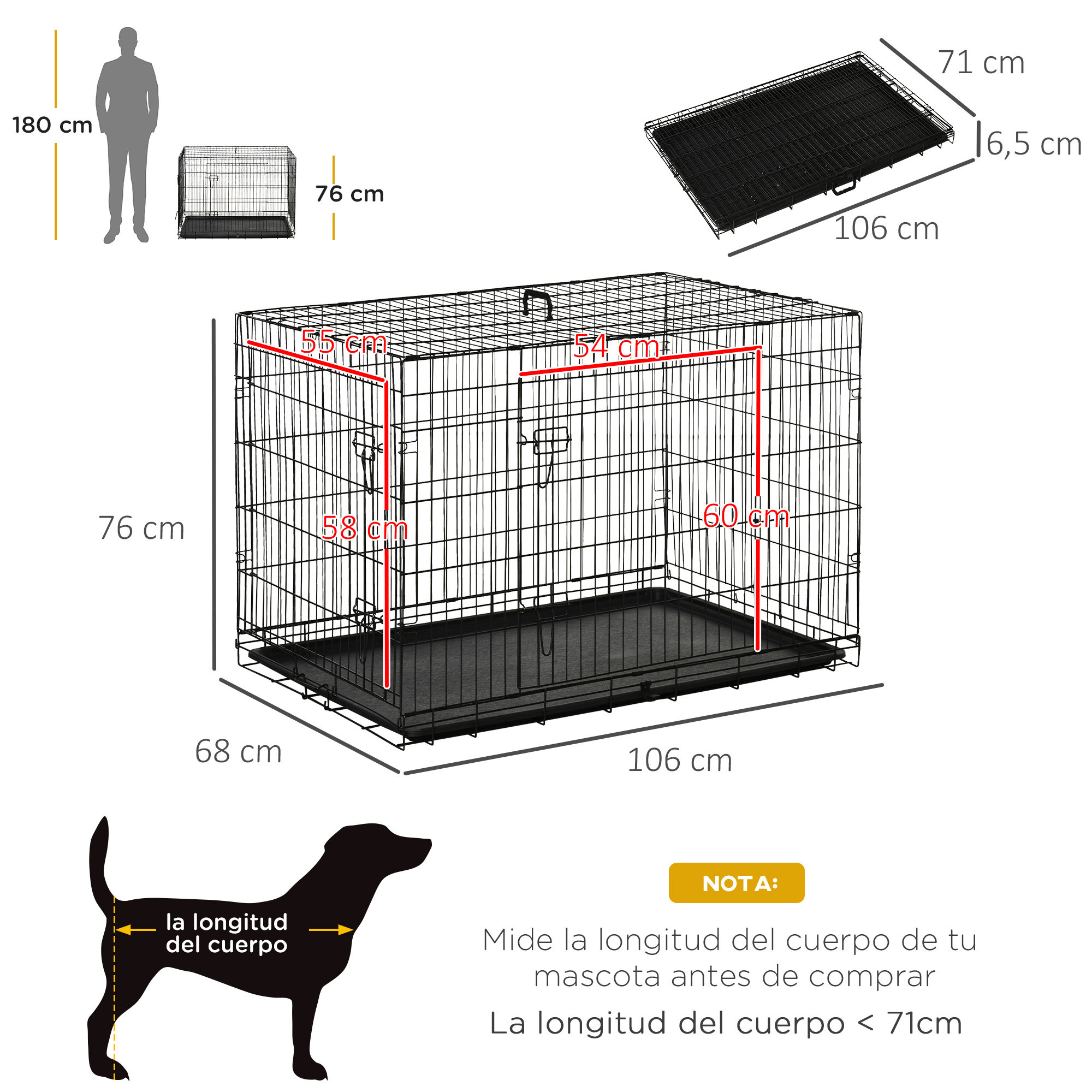 Una jaula para perros con dimensiones mostradas y una silueta de perro con medidas para comprar.