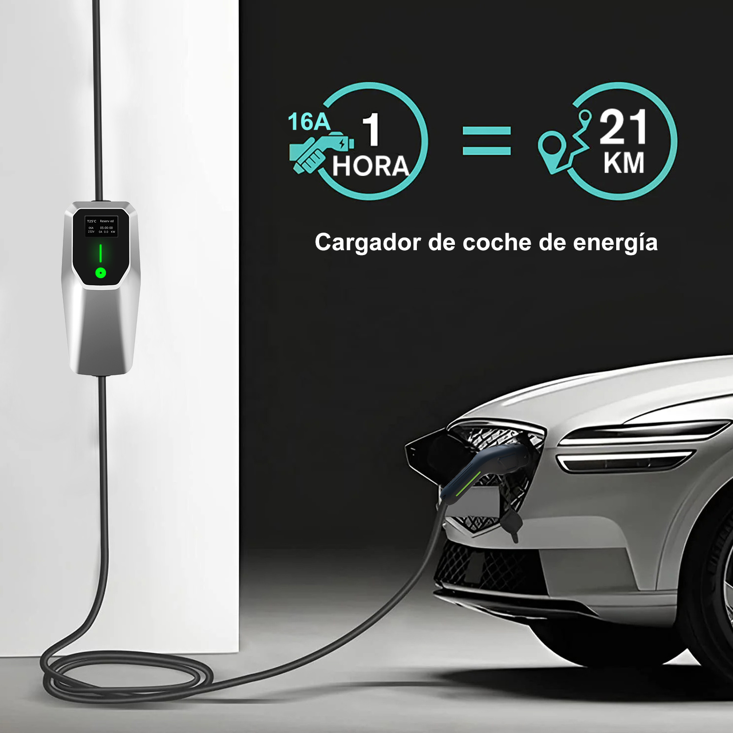 Cargador de VE y coche. El texto muestra que 16A equivalen a 21KM en una hora.