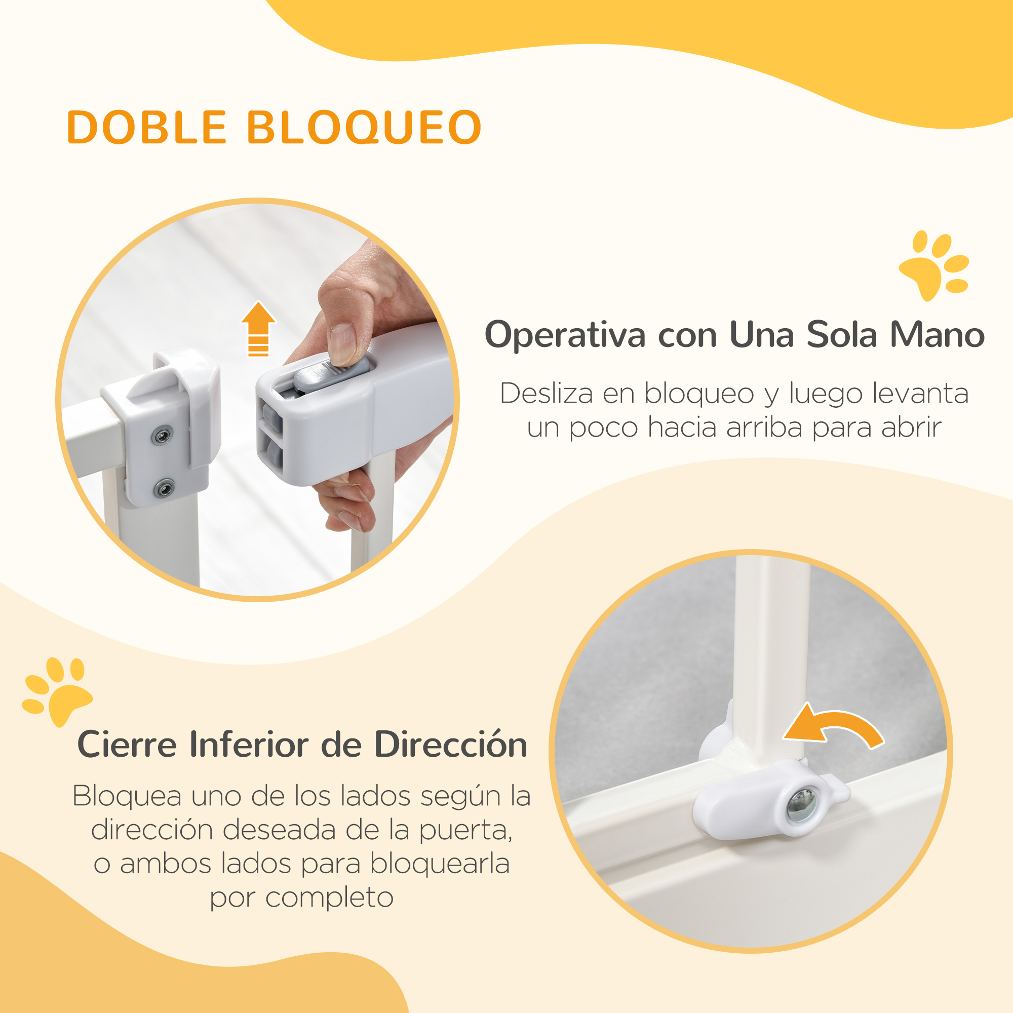 Diagrama que muestra una barrera para bebés con instrucciones de funcionamiento y mecanismo de bloqueo.