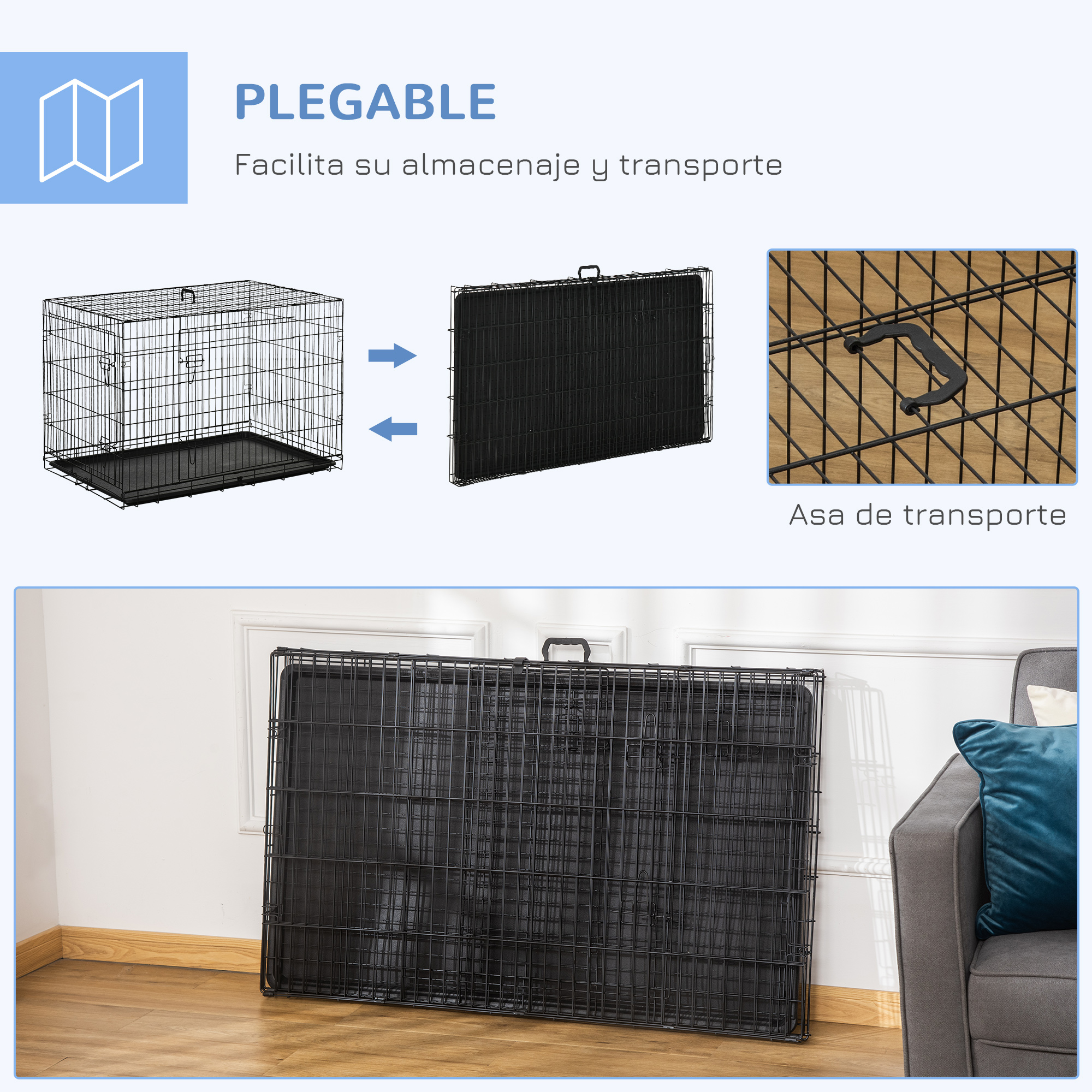 Una jaula plegable para perros con una bandeja negra. Se muestra plegada y abierta.