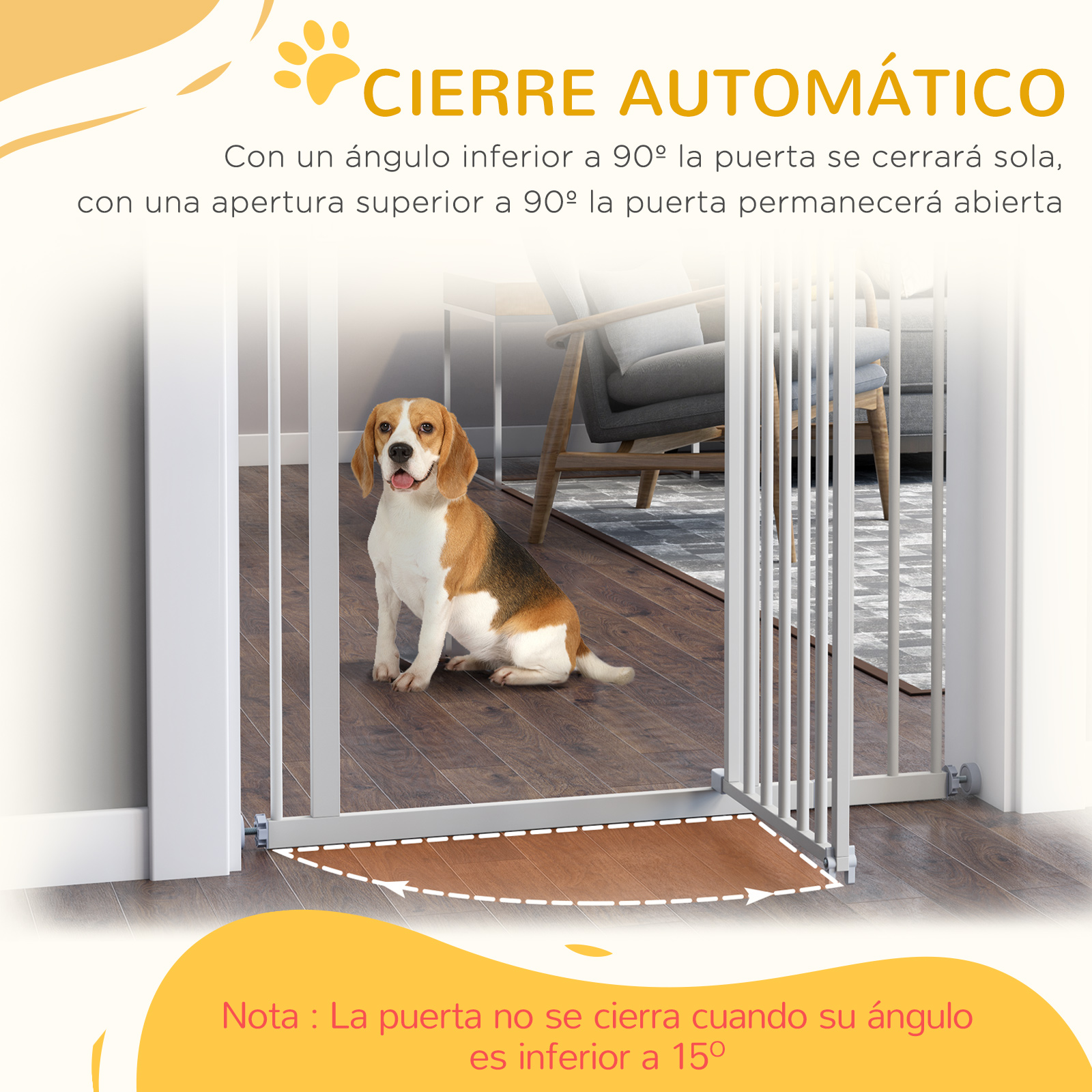 Un beagle sentado en una puerta. Texto explica el cierre automático para ángulos superiores a 90 grados.