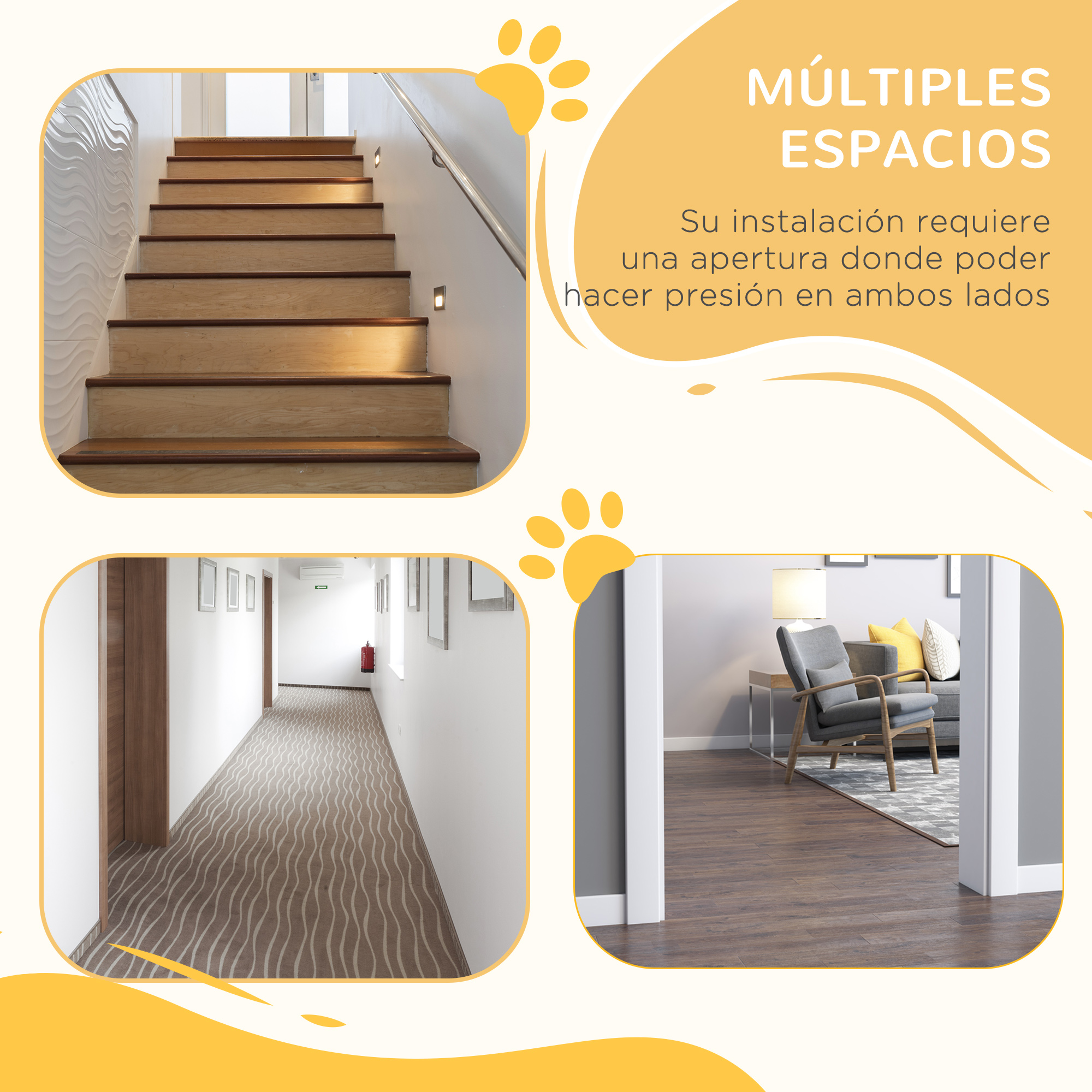 Fotos de habitaciones, escaleras, pasillo con texto sobre múltiples espacios para una instalación.