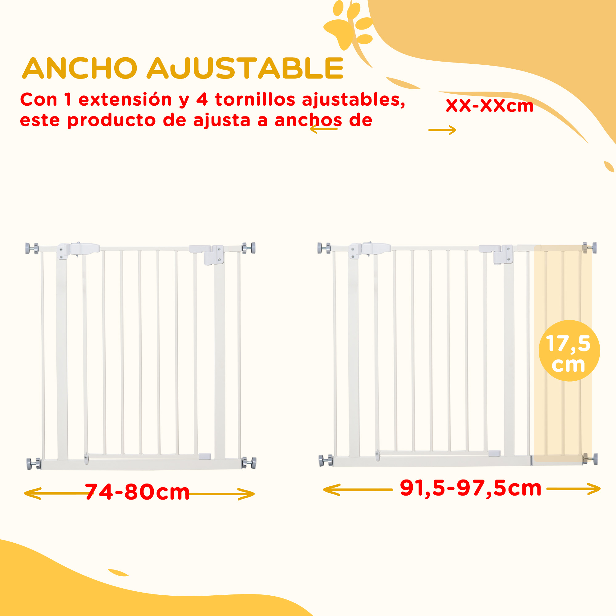 Barrera de seguridad ajustable para bebés que muestra los rangos de ajuste.