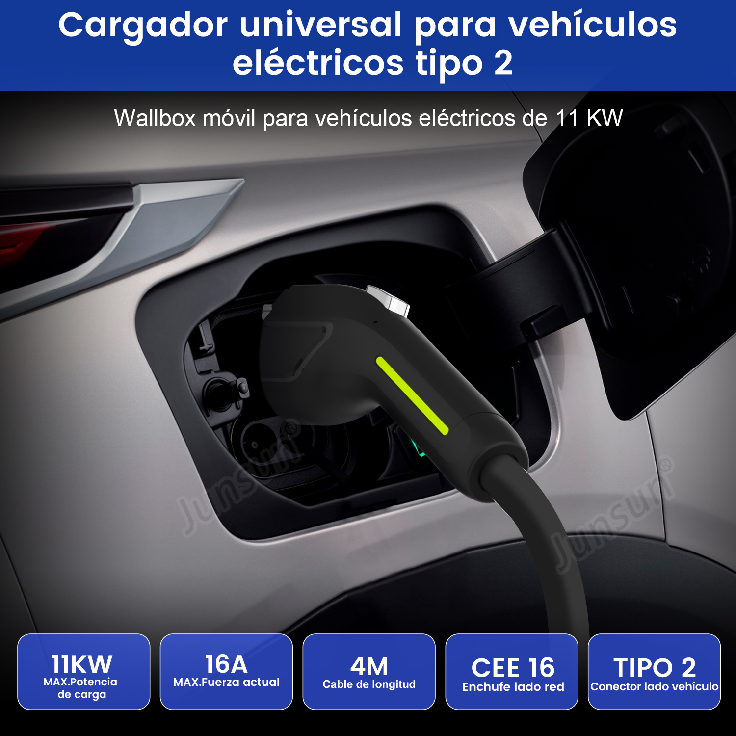 Enchufe de cargador de vehículo eléctrico, enchufado al coche. Texto en español.