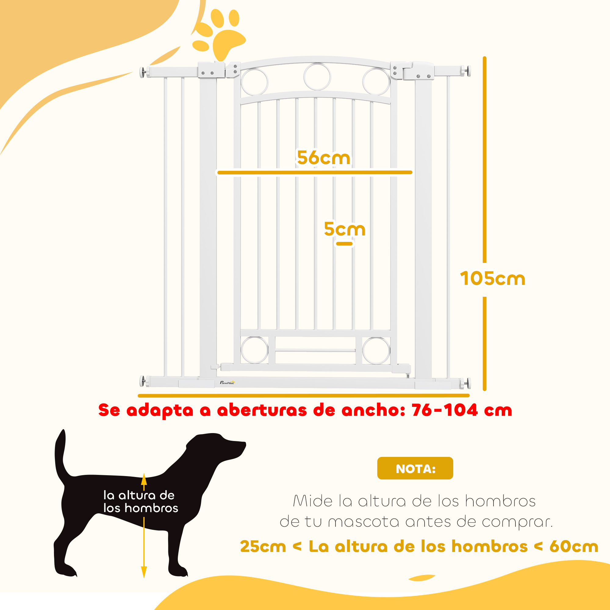 Una puerta para mascotas blanca con dimensiones etiquetadas. Se muestra una silueta de perro con medidas de altura.