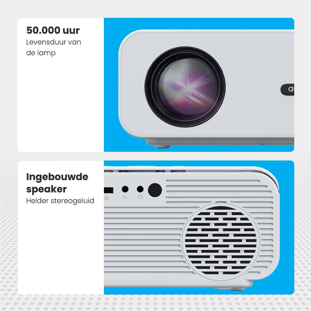 Weißer Projektor mit schwarzer Linse und Lautsprecher. Text: 50.000 Stunden Lebensdauer.