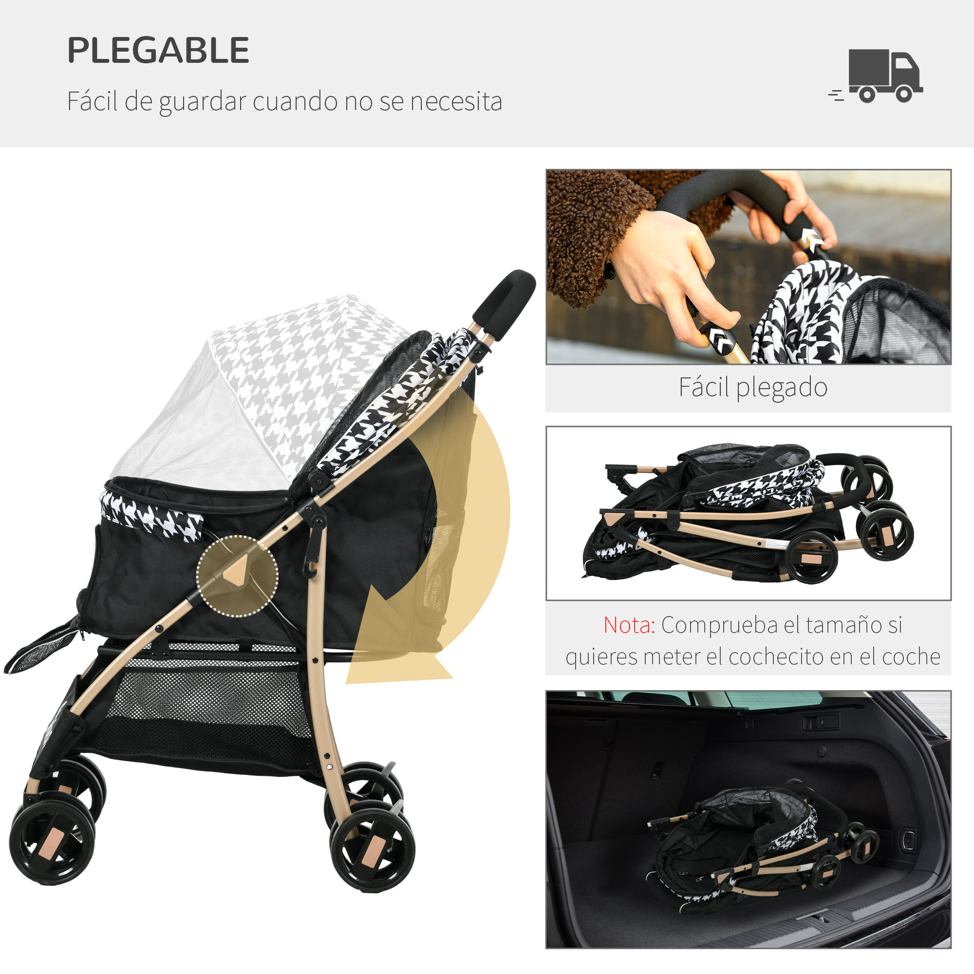 Un cochecito plegable para mascotas. Incluye un transportín negro con diseño blanco.