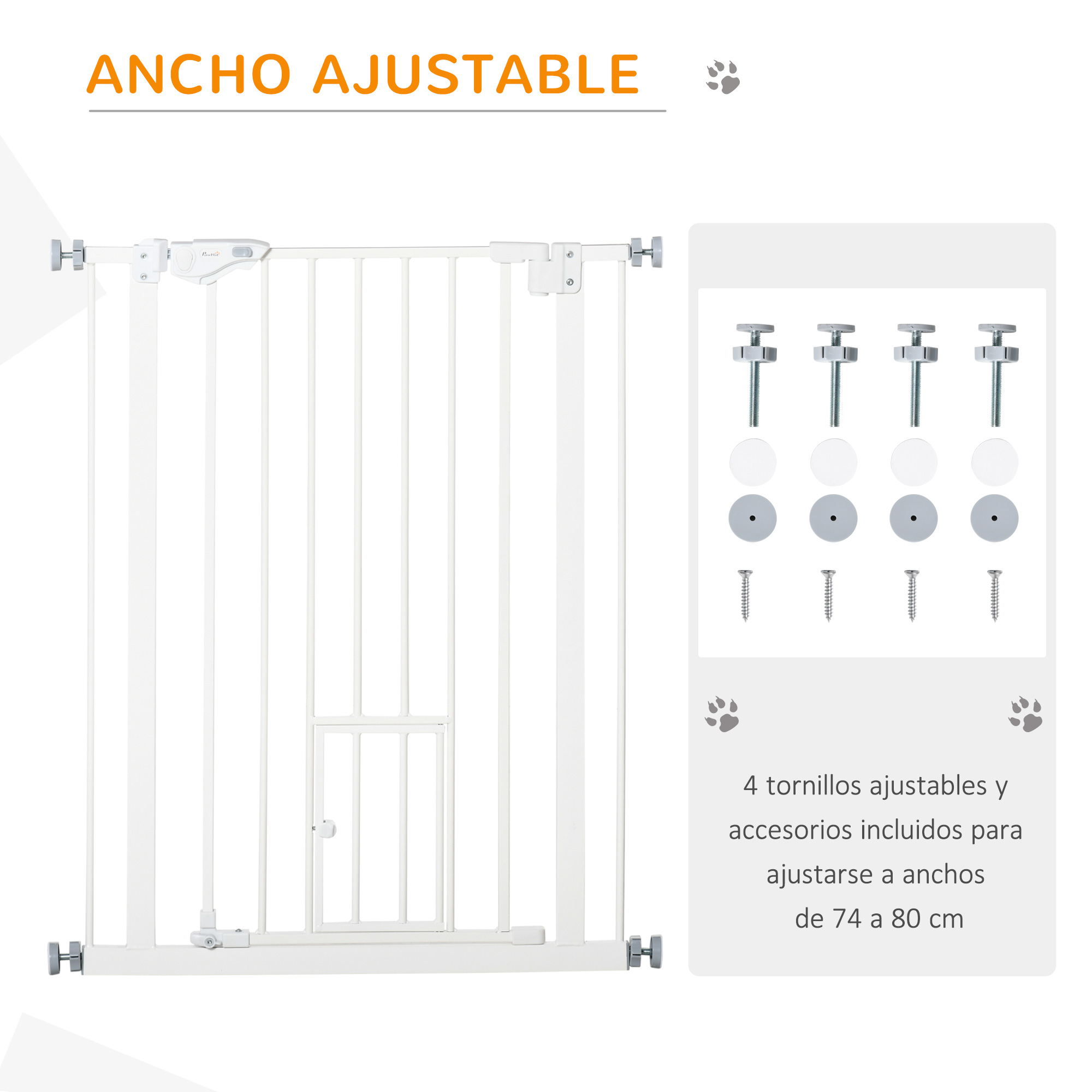 Puerta de seguridad para bebés blanca con ancho ajustable y accesorios incluidos.