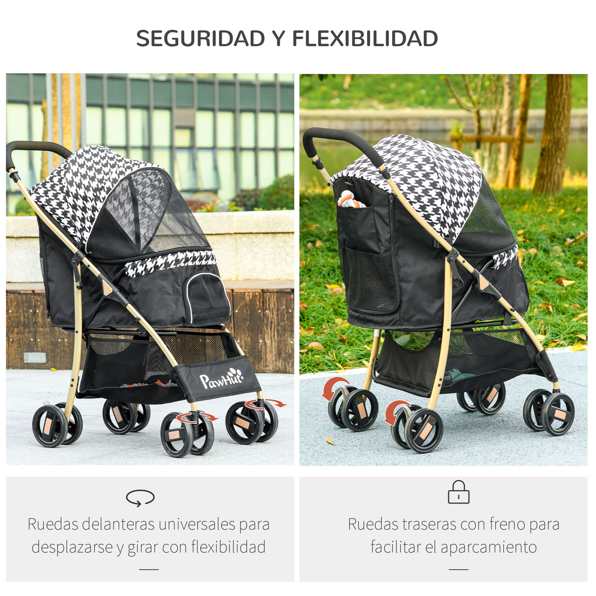 Dos cochecitos para mascotas en un parque, uno con ruedas, otro con cierre. Texto en español.