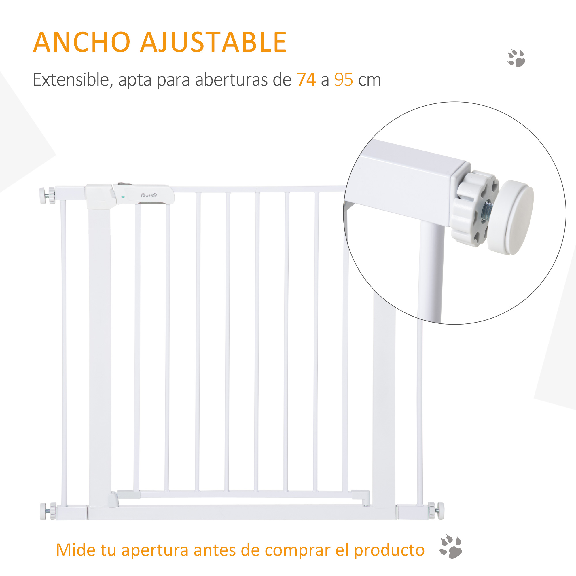 Barrera de seguridad para bebés blanca con ancho ajustable. Texto en español.