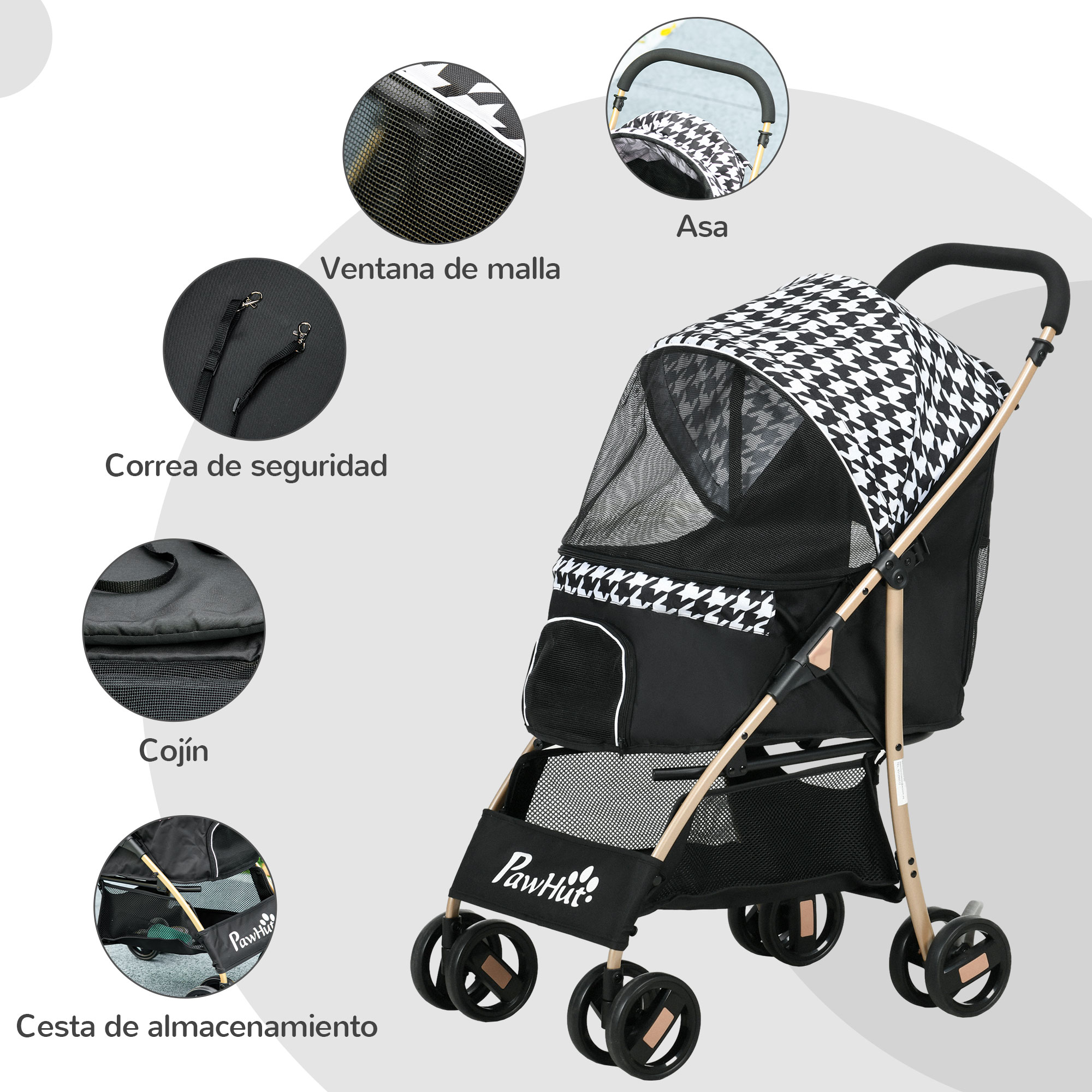 Cochecito para mascotas con etiquetas de texto que señalan características como ventana de malla.