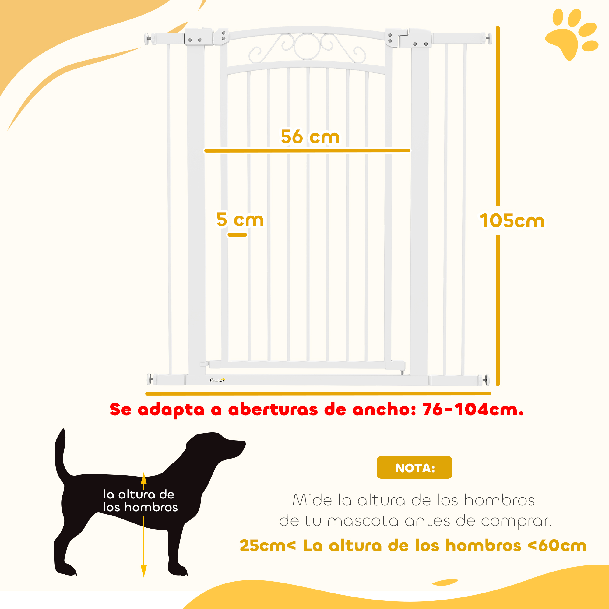 Puerta para mascotas blanca con dimensiones: 56 cm ancho, 105 cm alto, 5 cm profundidad. Silueta de perro mostrada.