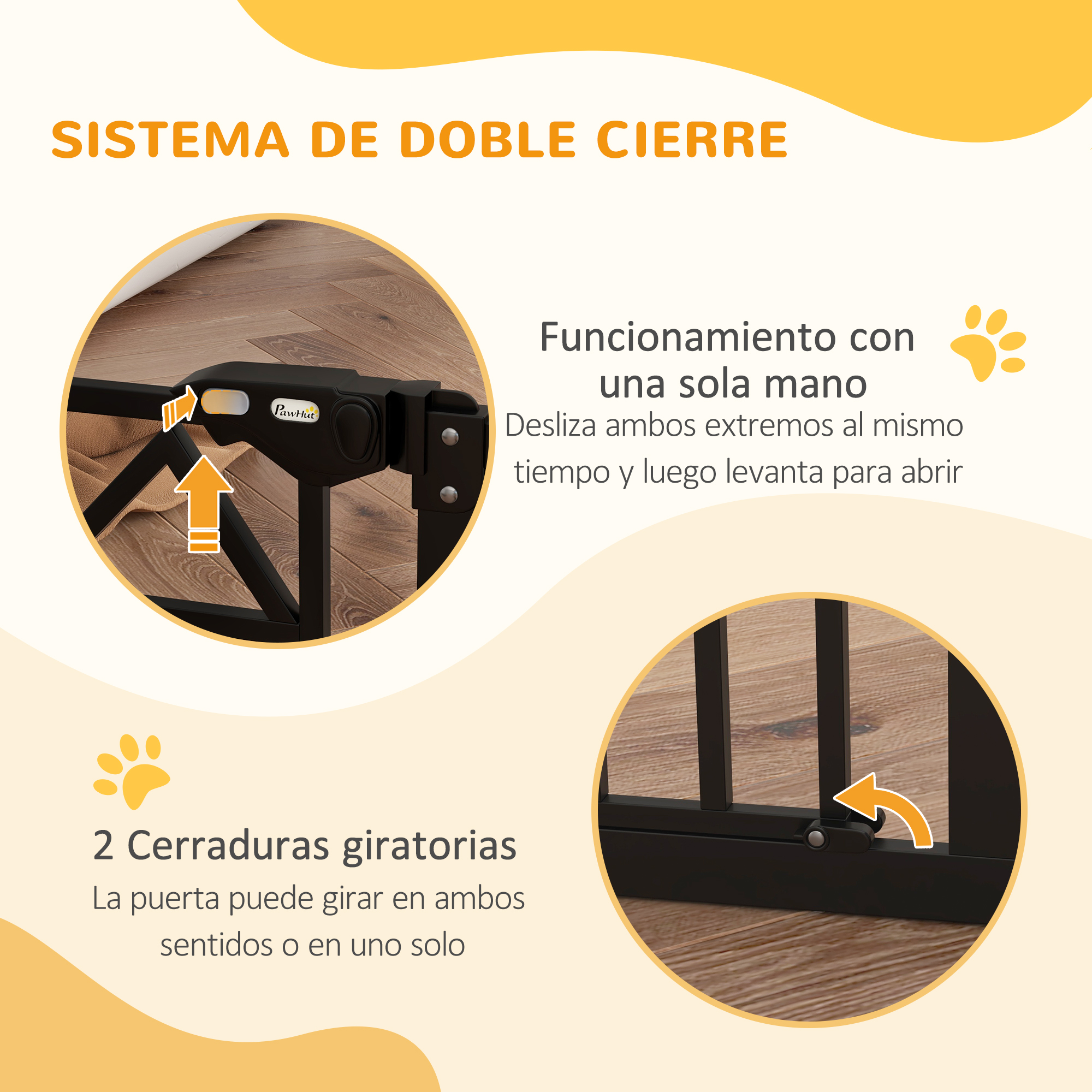 Una barrera para bebés en blanco y negro con texto y diagramas que ilustran sus características.