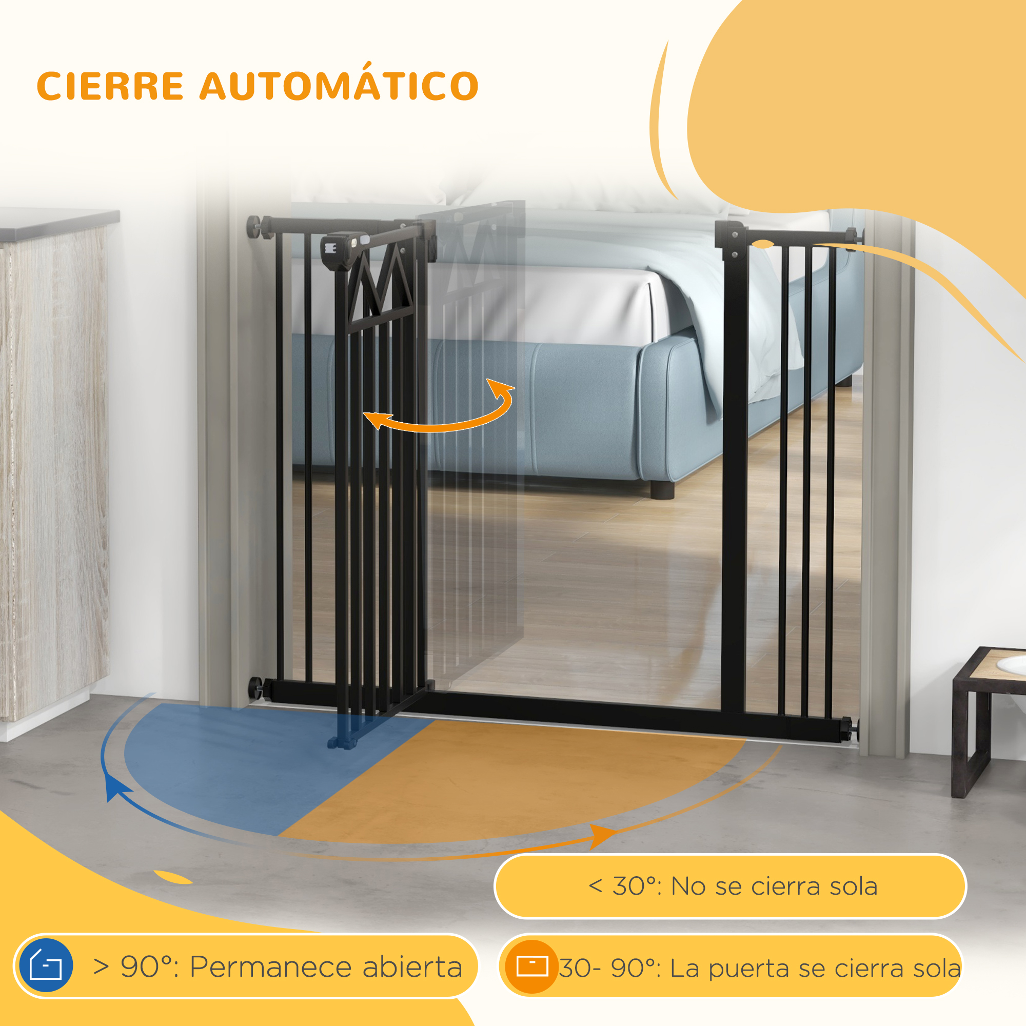Una puerta para bebés negra instalada en una puerta. Se incluyen instrucciones.