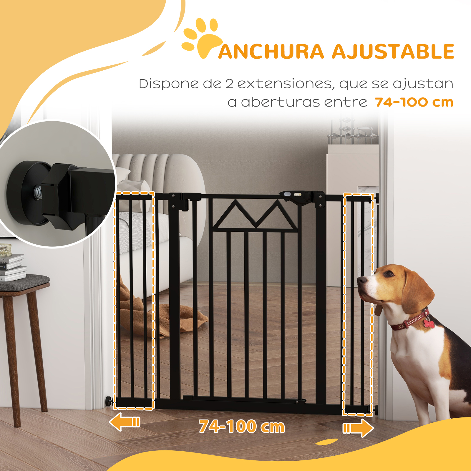 Barrera de seguridad de metal negro con perro a la derecha. Ajusta de 74-100 cm.