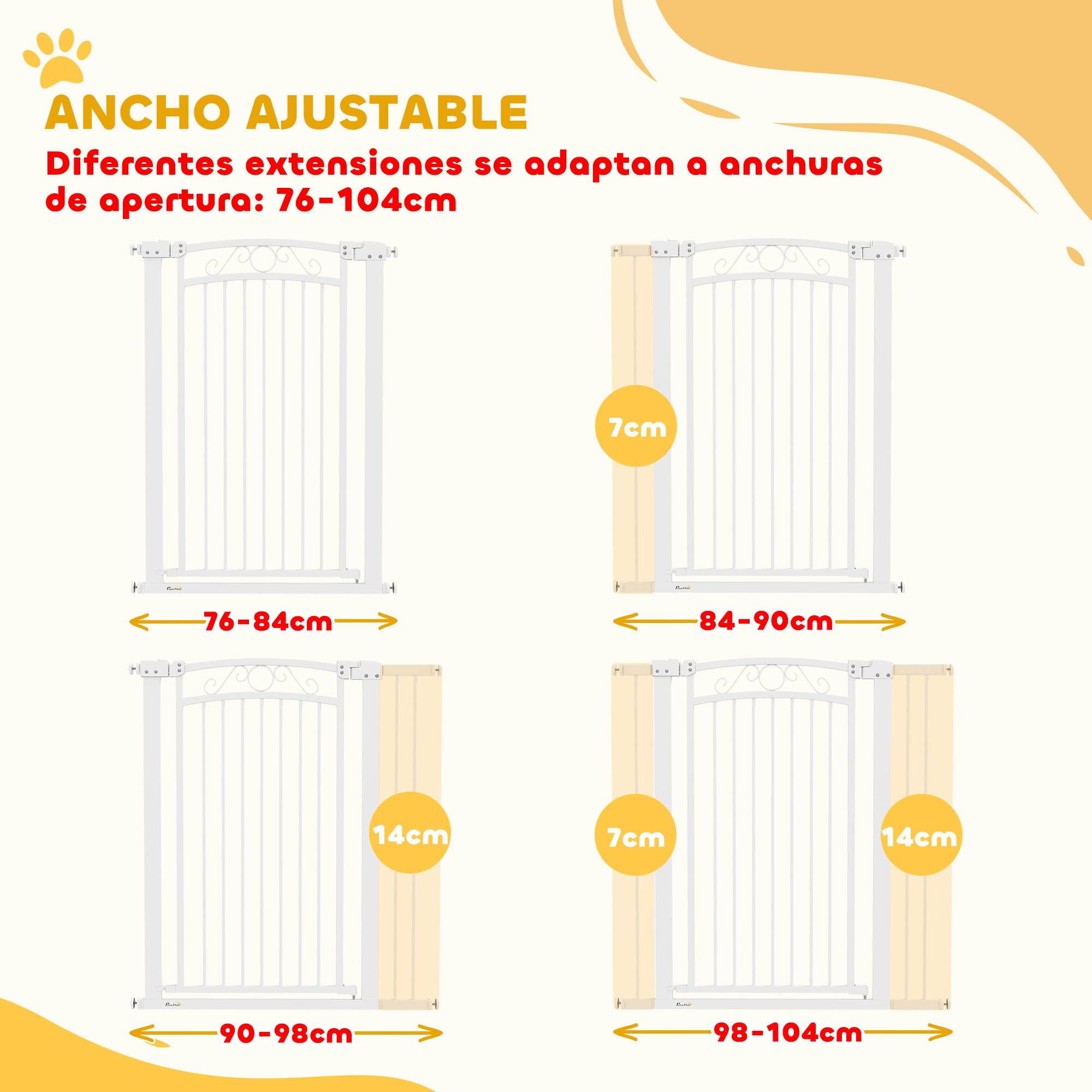 Diagrama que muestra una puerta para mascotas ajustable con diferentes tamaños de extensión.