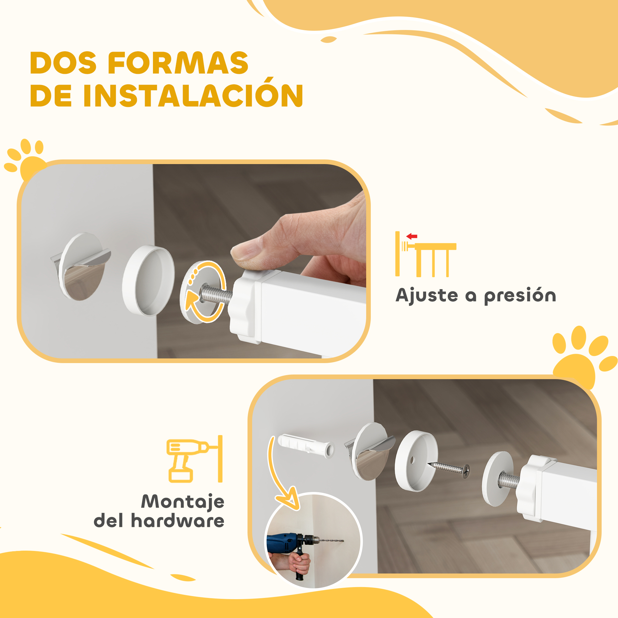Instrucciones para instalar una barrera de seguridad. Una muestra tornillos, la otra, instalación a presión.