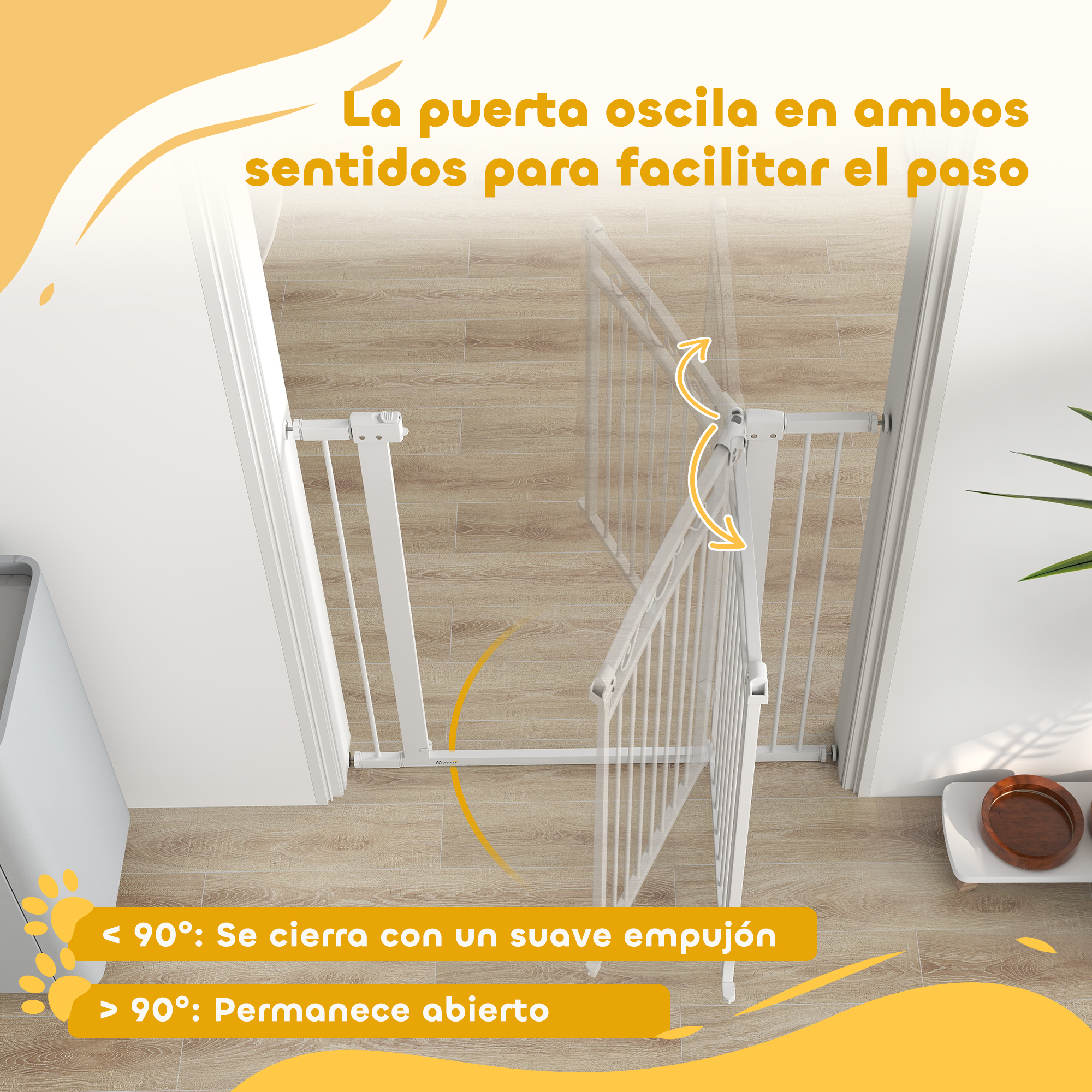 Una puerta blanca está abierta, con una flecha que muestra cómo se balancea a ambos lados.