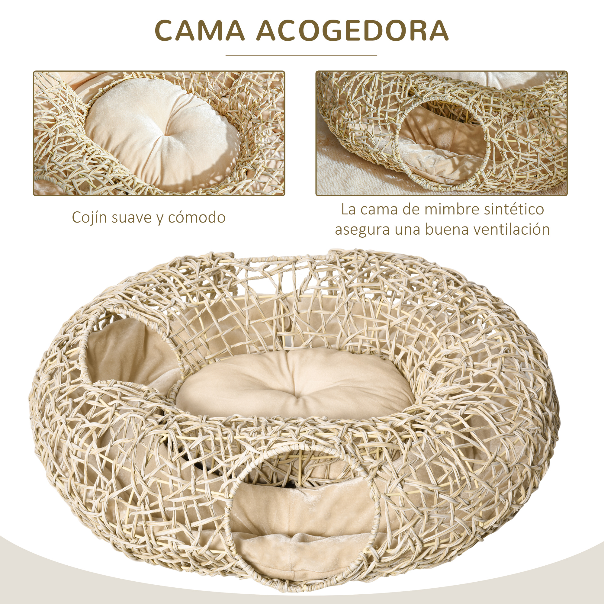 Una cama para gatos tejida con un cojín suave de color crema en el interior. La cama tiene varias aberturas.