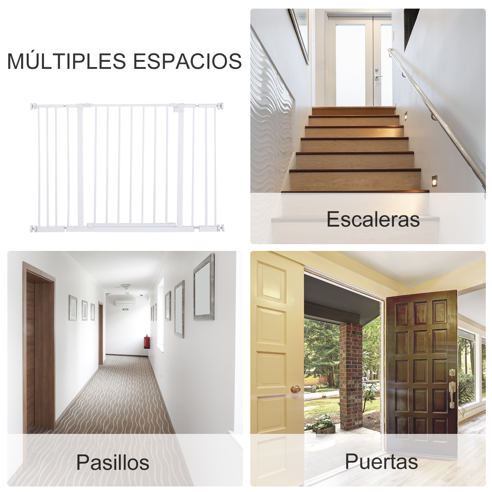 Un collage que muestra barreras para bebés en varios lugares: escaleras, pasillos y puertas.
