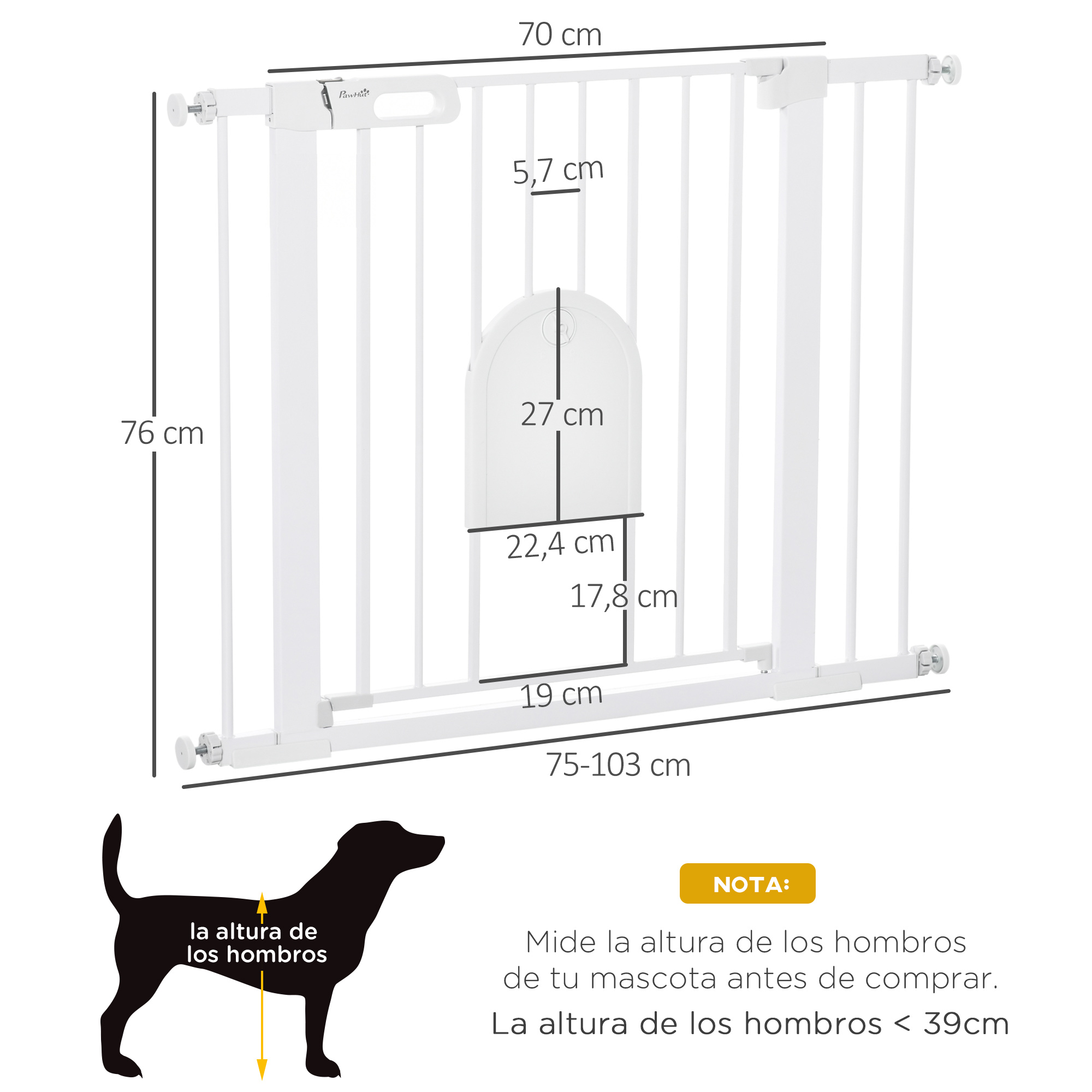 Barrera blanca para mascotas con dimensiones etiquetadas, junto con una silueta de perro y una nota en español.