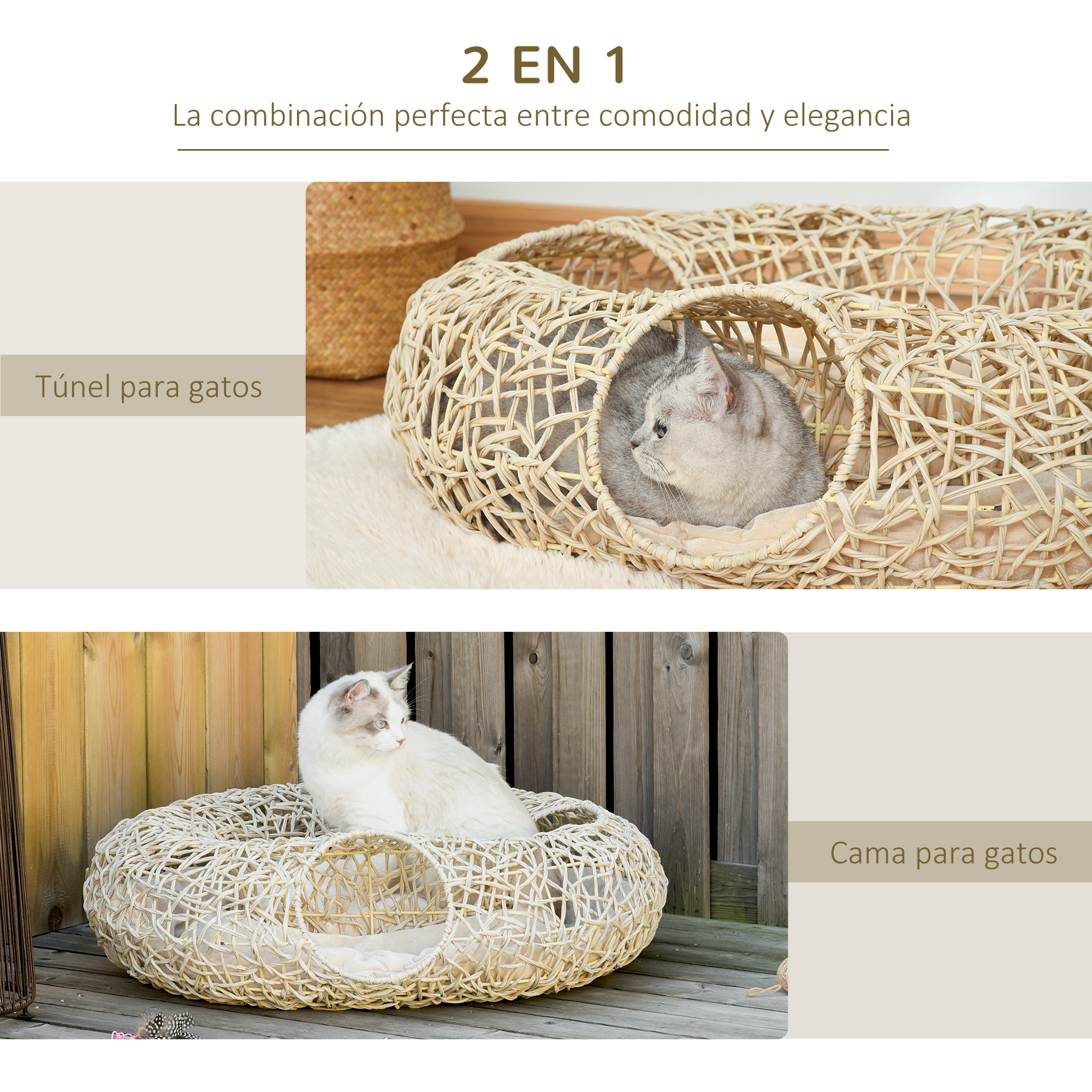 Un túnel y una cama para gatos. Dos gatos están dentro o cerca de las estructuras. Texto en español.