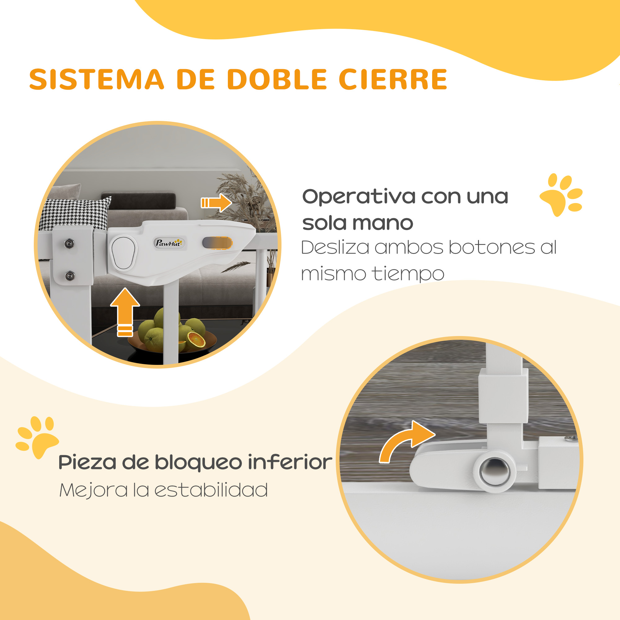 Detalles de la barrera para bebés, mostrando el sistema de doble cierre y la pieza de bloqueo inferior.