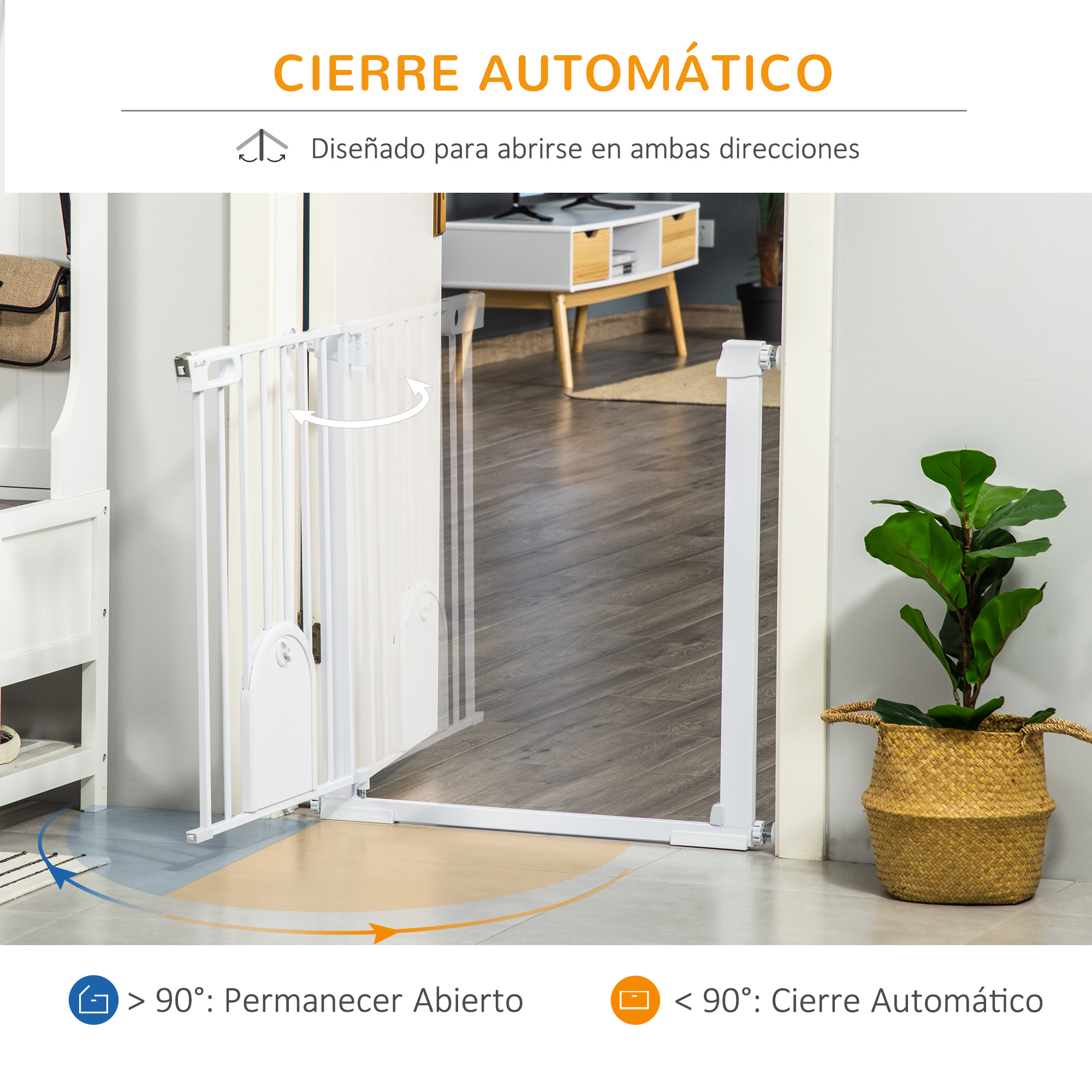 Barrera de seguridad blanca abierta en una puerta. Flechas indican direcciones. Planta en cesta.