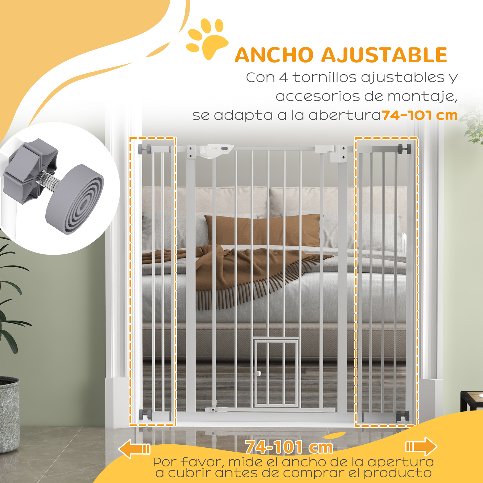 Puerta para mascotas ajustable con instrucciones. La puerta tiene barras blancas y está en un dormitorio.
