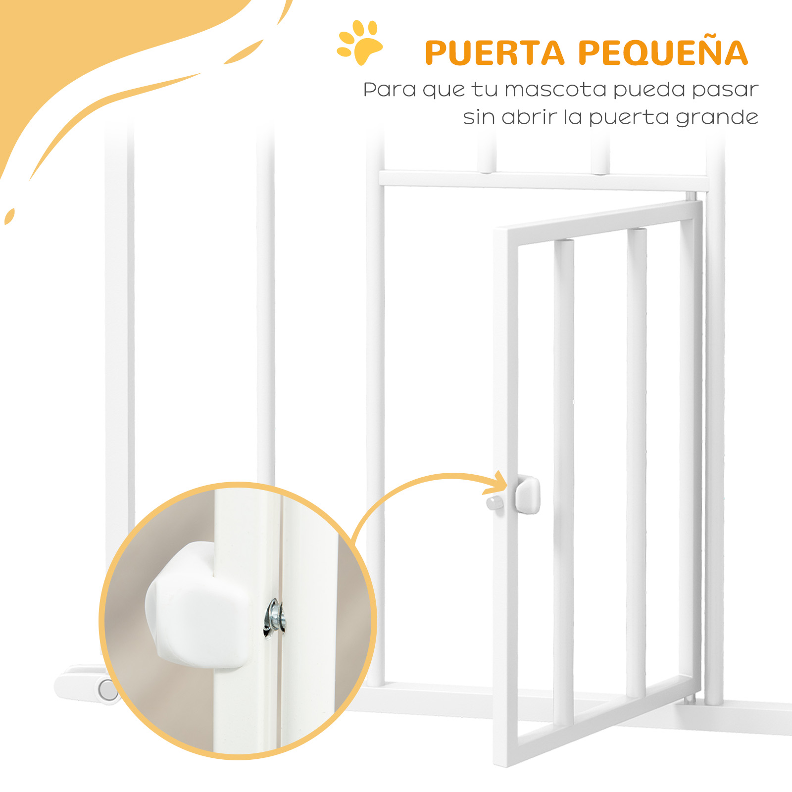 Puerta para mascotas blanca con una pequeña puerta abierta. Texto e ilustración indican que es para que pasen mascotas.