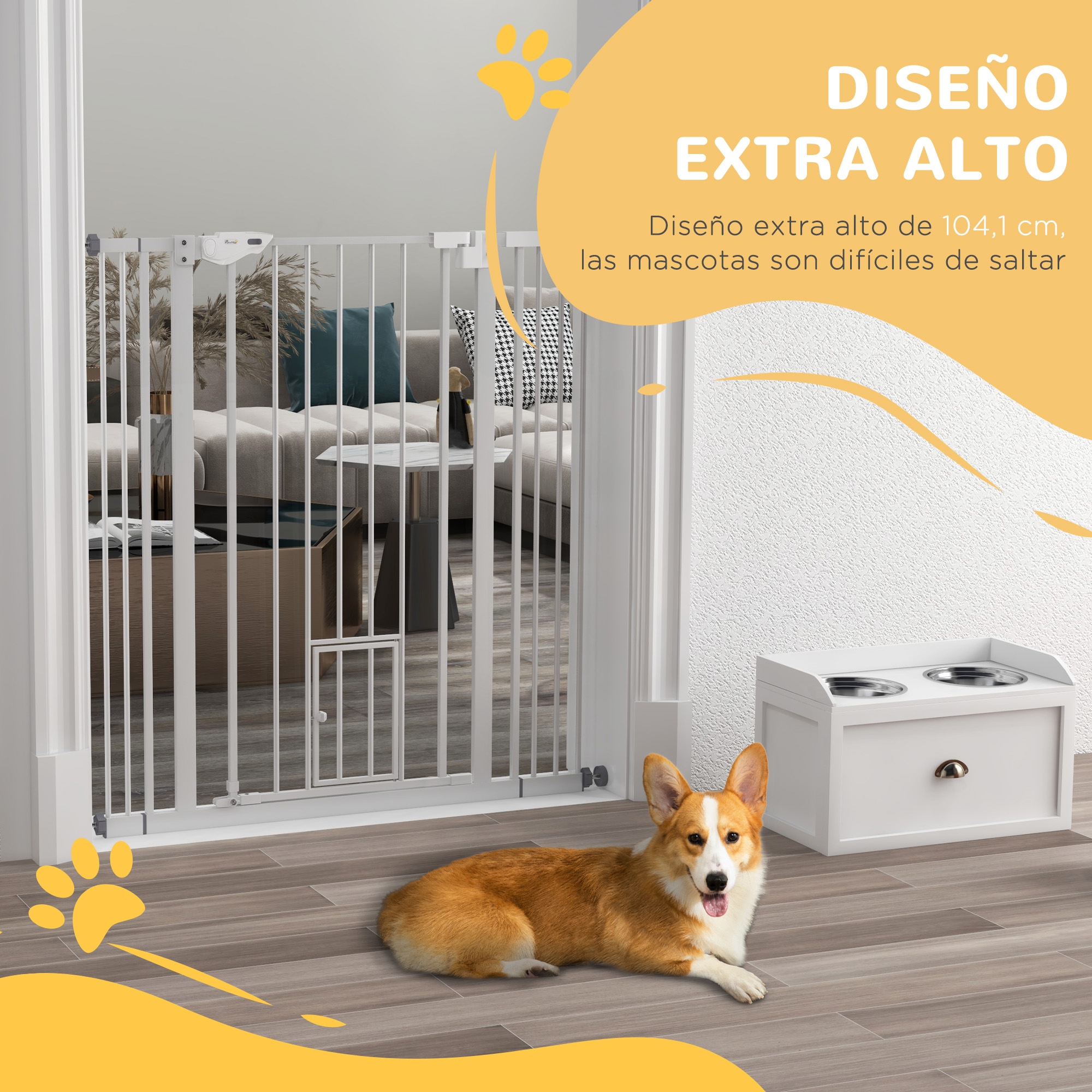 Una puerta para mascotas blanca y un perro en una habitación. Con comederos. Blanco y madera.
