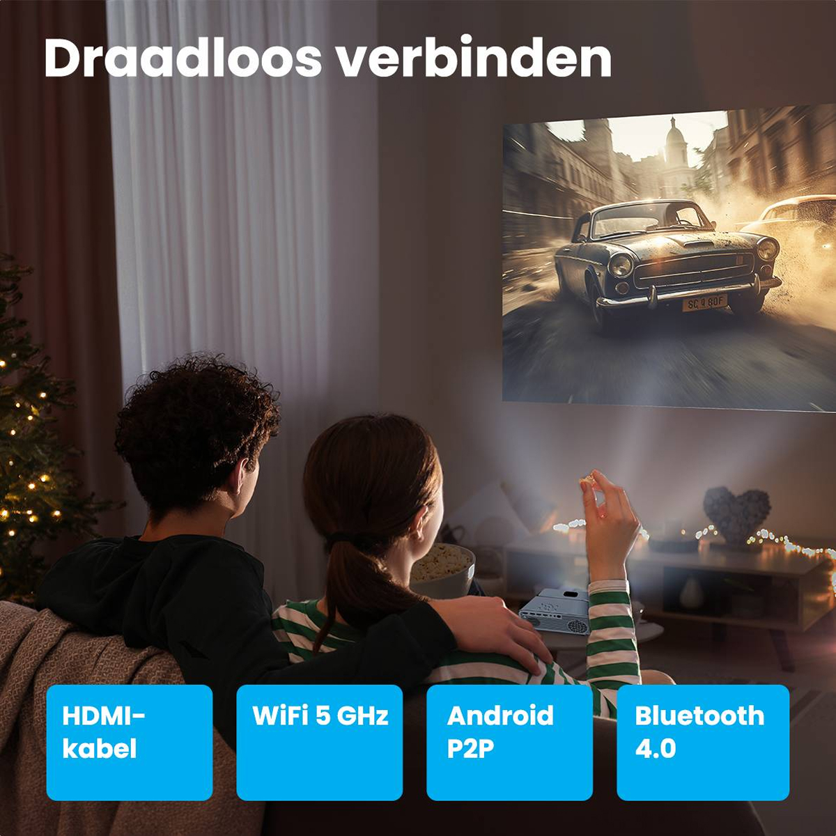 Leute schauen einen Film, der an die Wand projiziert wird. Text zu HDMI, WLAN, Android und Bluetooth.