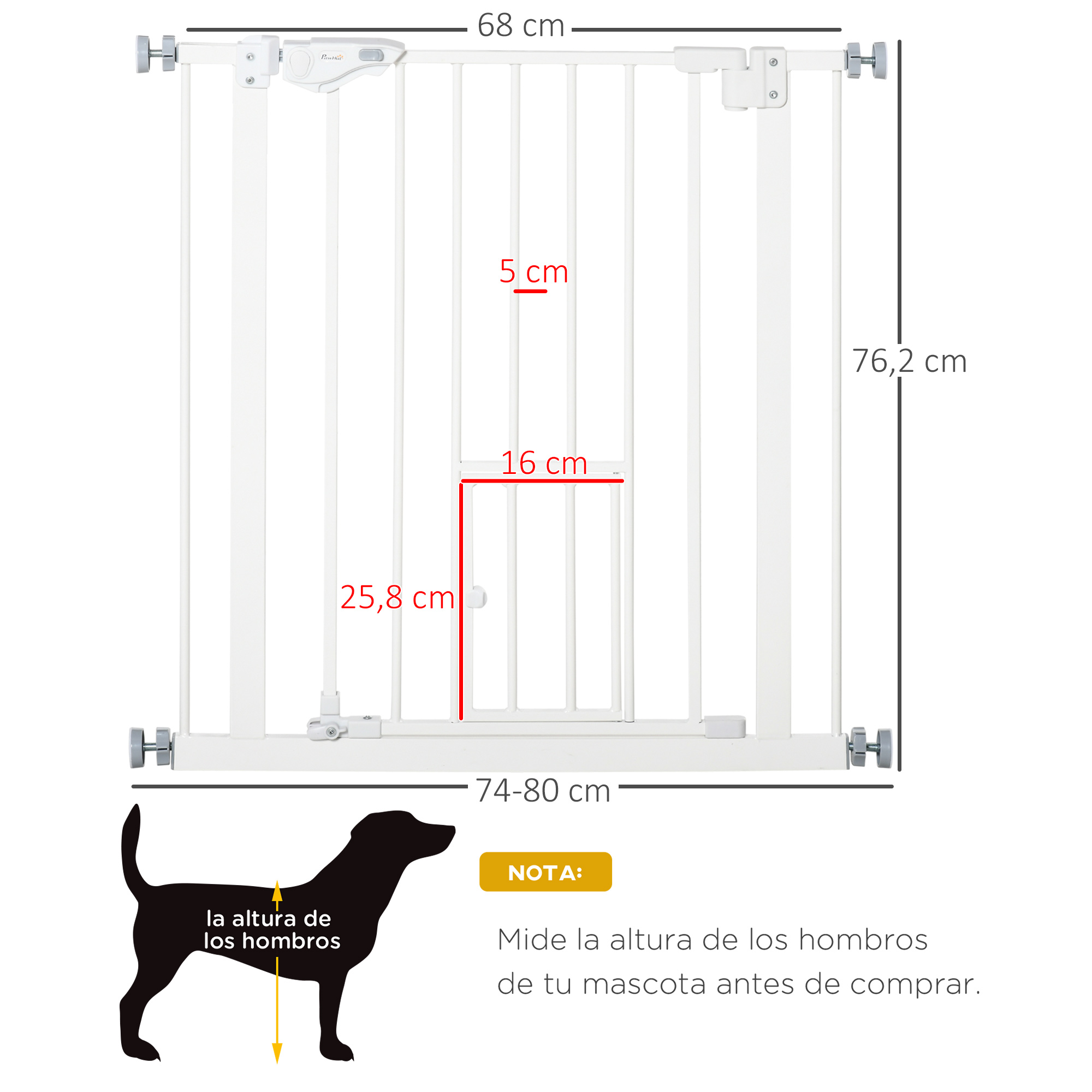 Barrera de seguridad blanca con medidas y una silueta de perro al lado. Texto en español.
