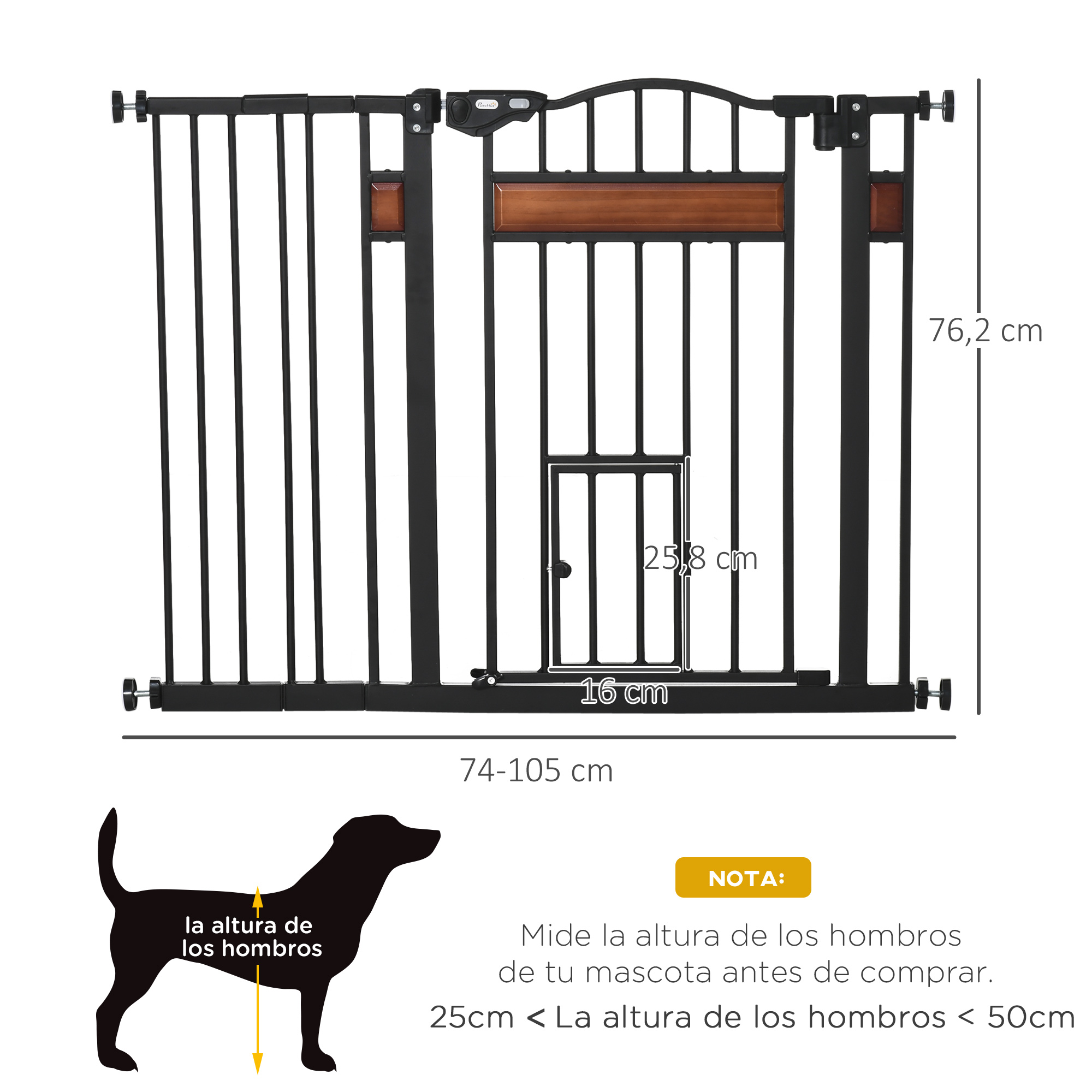 Puerta para mascotas negra con medidas y silueta de perro para indicar tamaño.