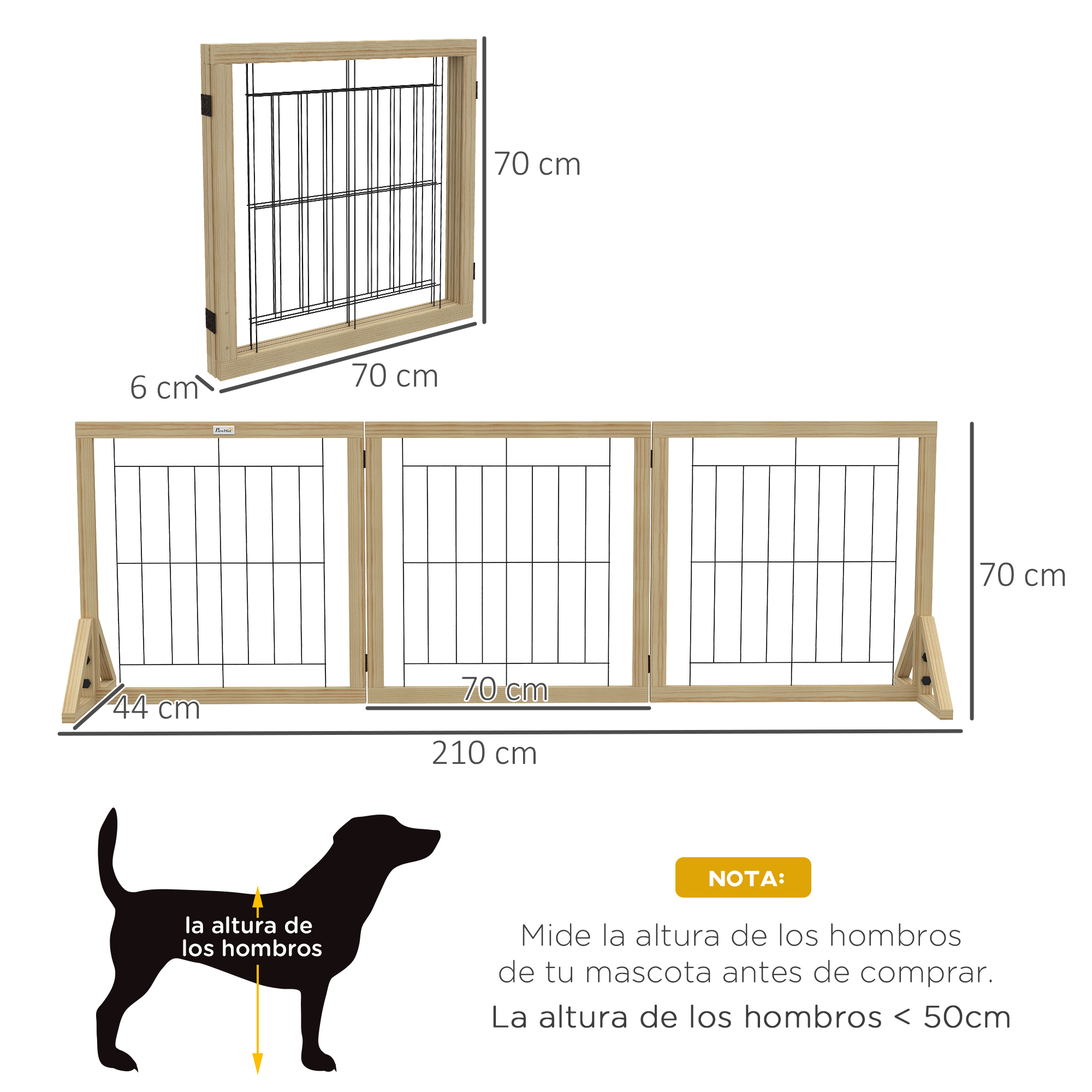 Puerta para perros de madera con dimensiones y diagramas, con silueta de perro y texto.