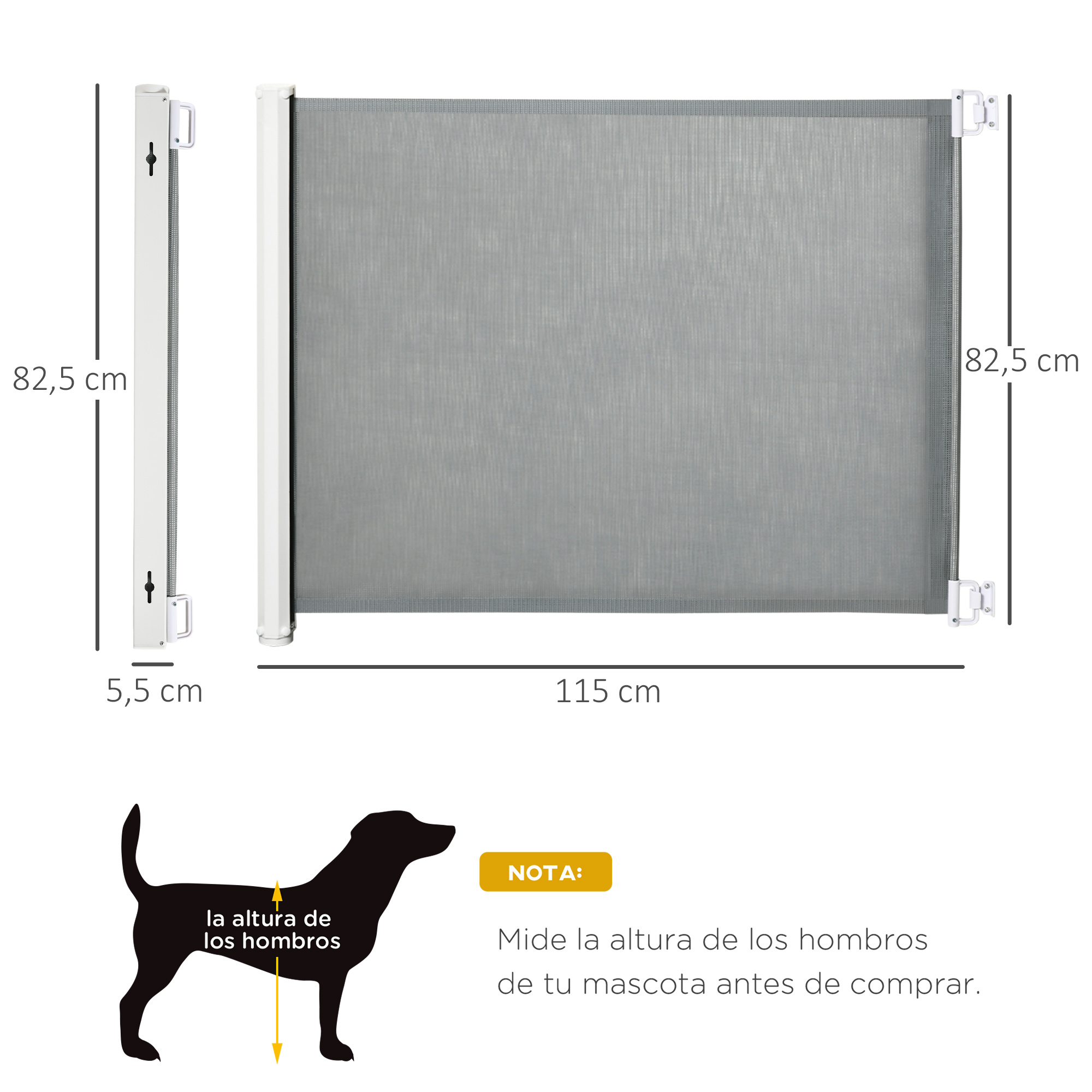 Puerta retráctil para mascotas. Pantalla de malla gris con dimensiones mostradas. También hay una silueta de perro.