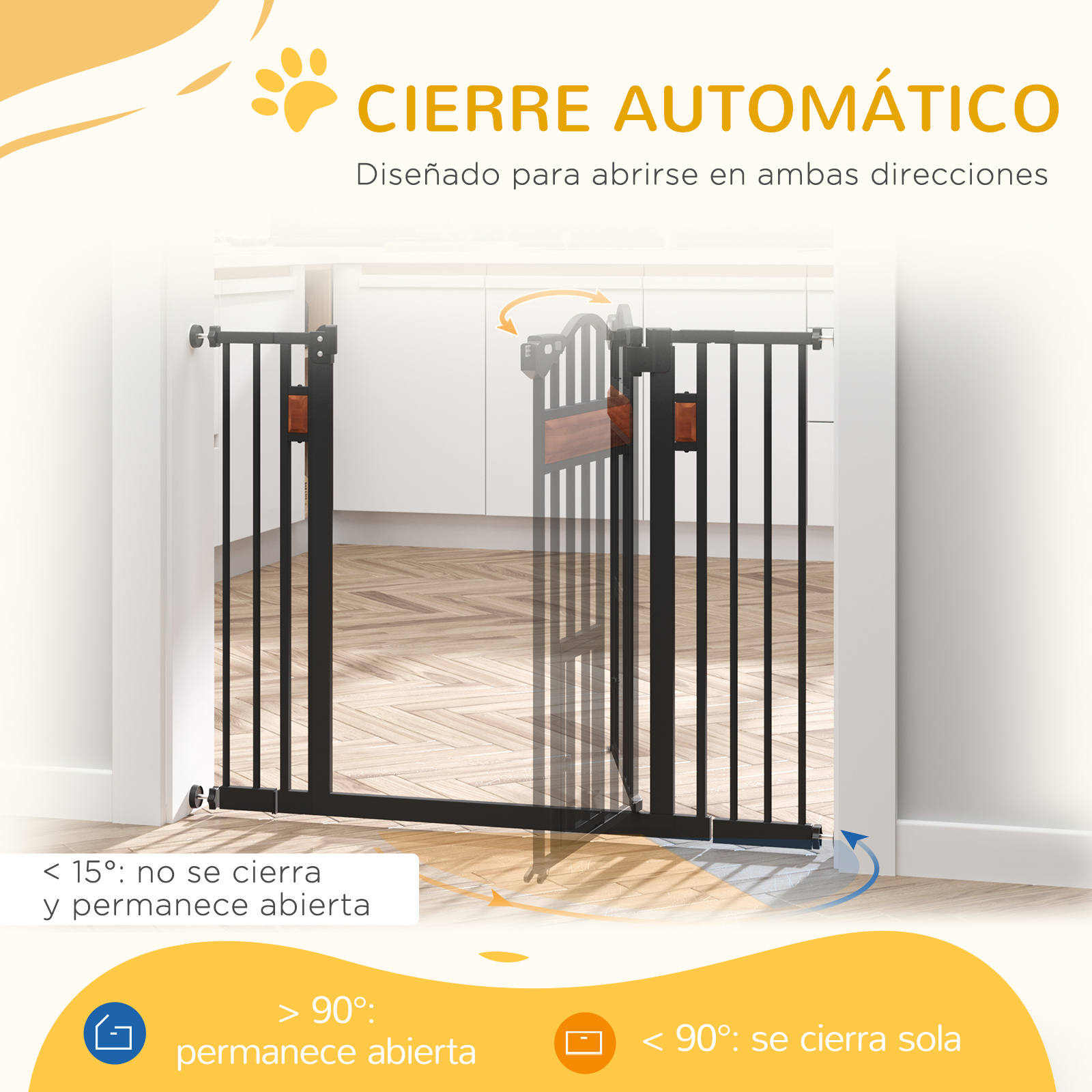 Puerta para mascotas negra en una puerta. Tiene barras verticales y cierre automático. Hay texto en español.