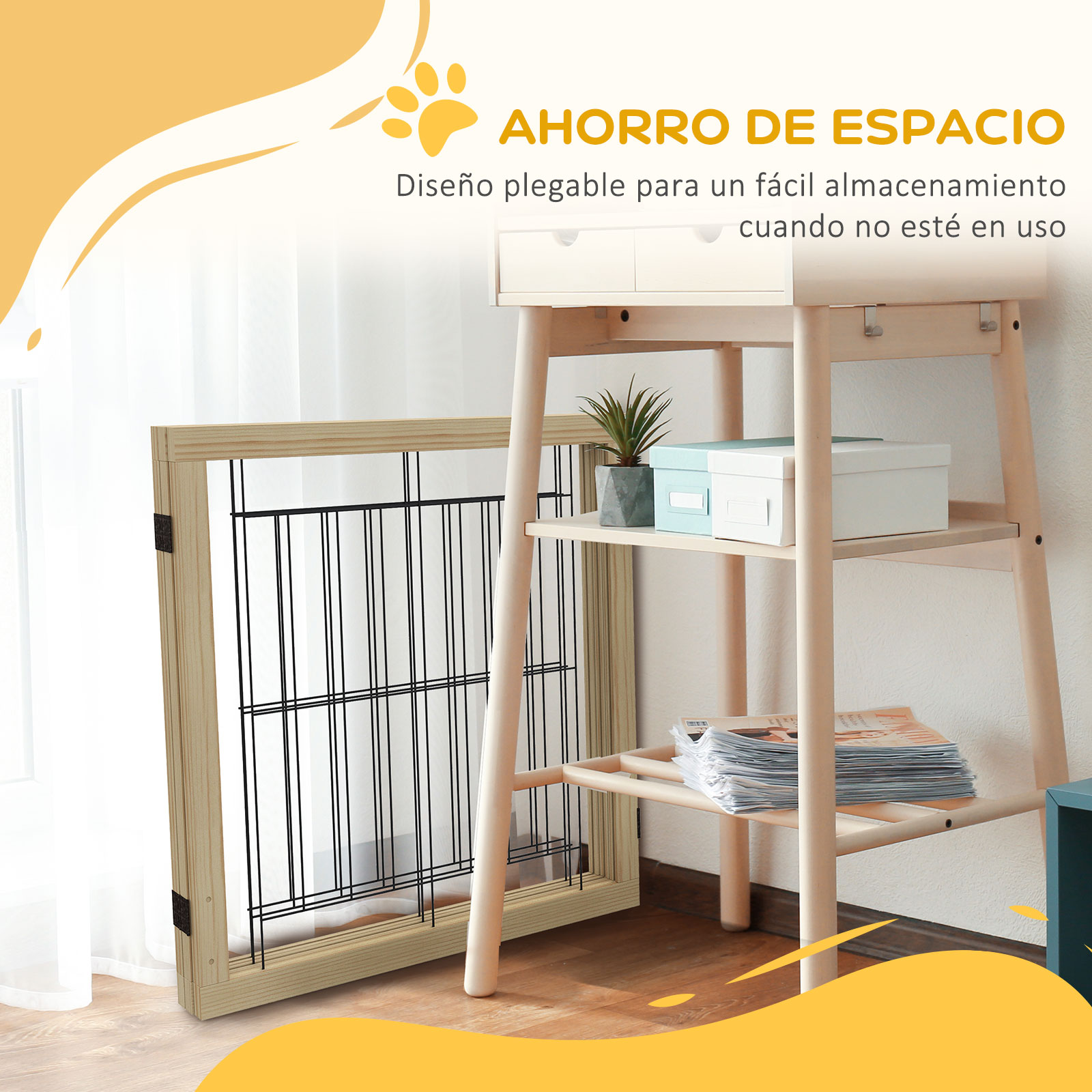 Una puerta plegable para mascotas junto a una estantería. El texto dice que es plegable para guardarlo fácilmente.