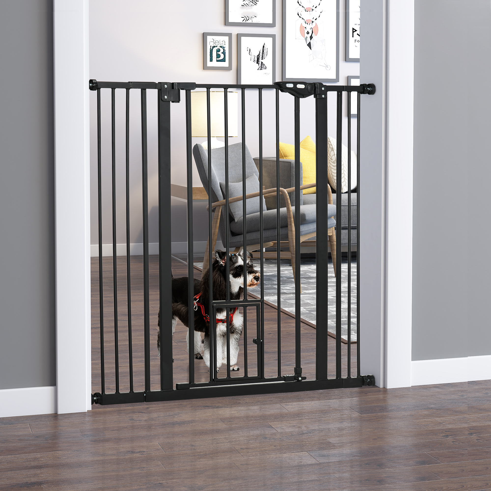 Perro detrás de una puerta de metal negro.