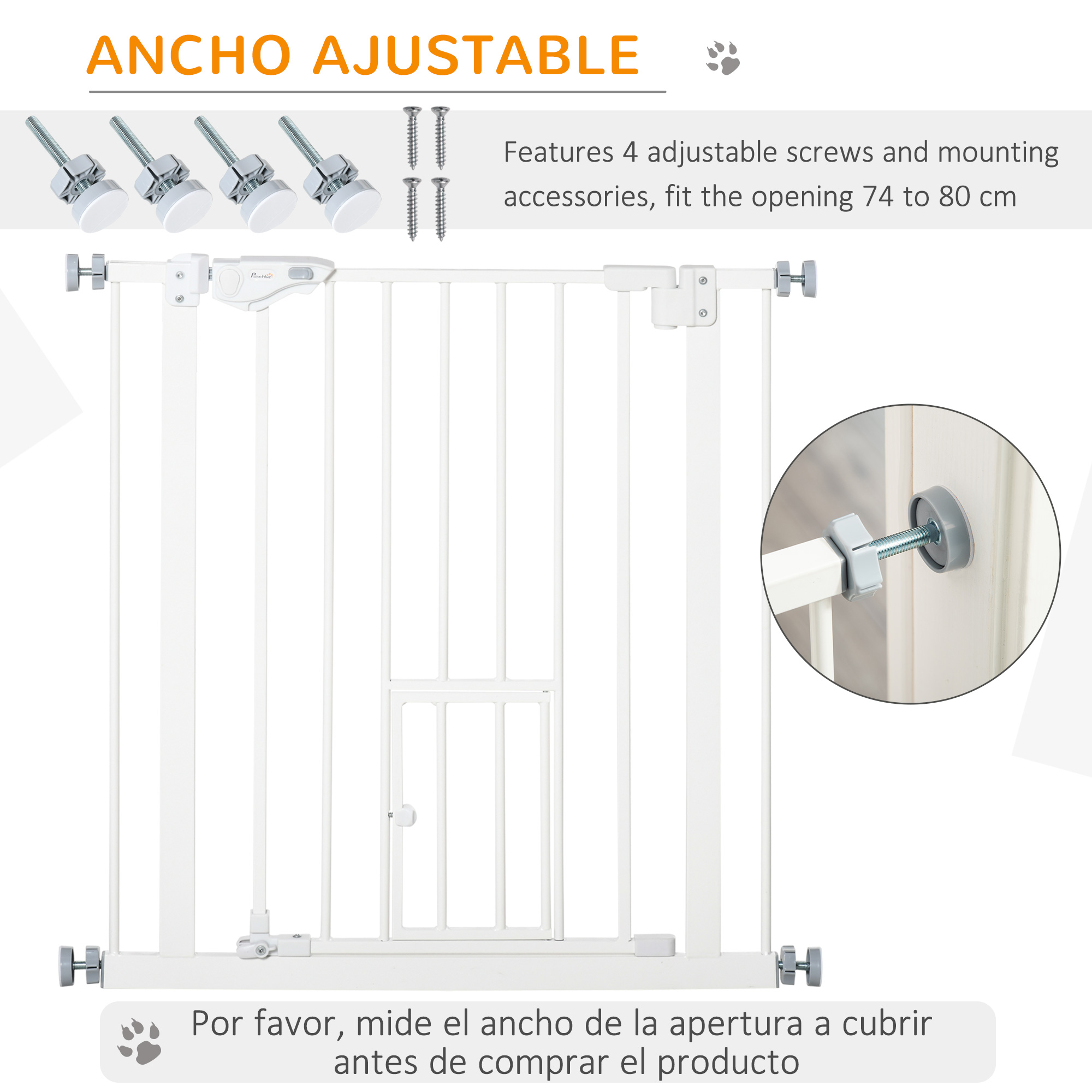 Barrera de seguridad blanca para bebés con tornillos e instrucciones de instalación. Fondo blanco.