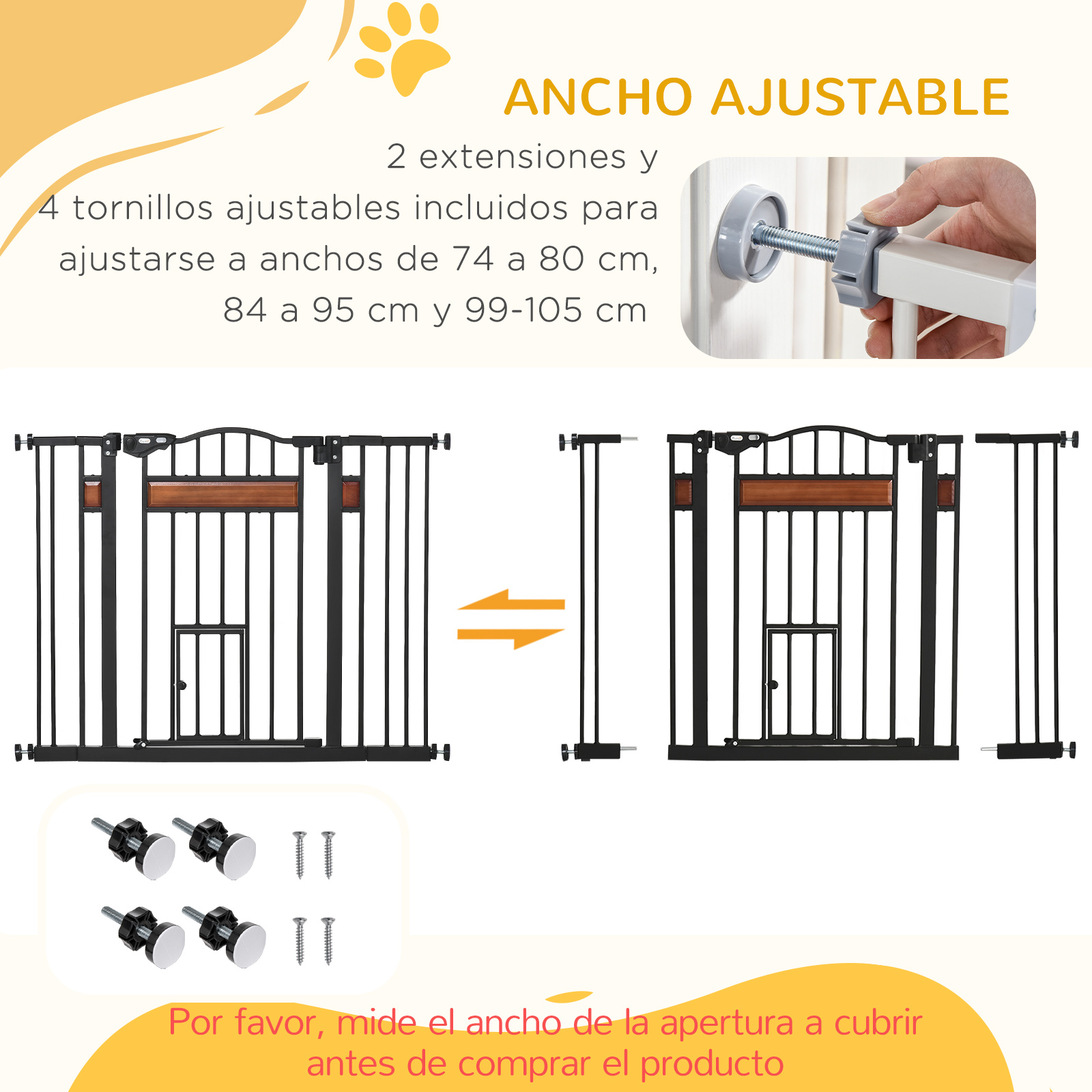 Diagrama de una barrera para bebés con ancho ajustable y extensiones y tornillos incluidos.